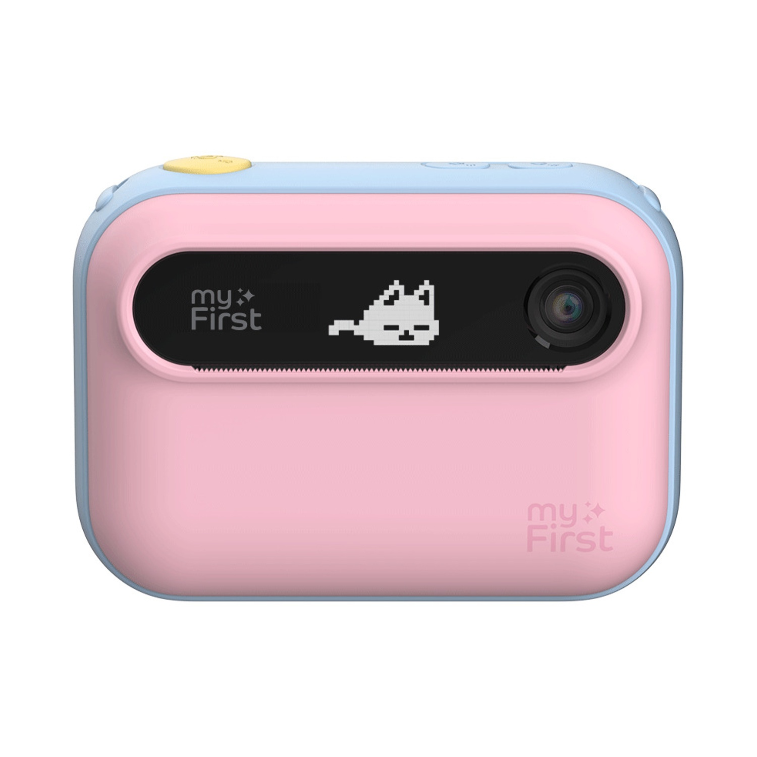 Una fotocamera rosa e blu per bambini con display a gatto, un pulsante giallo e la scritta 'my First'.
