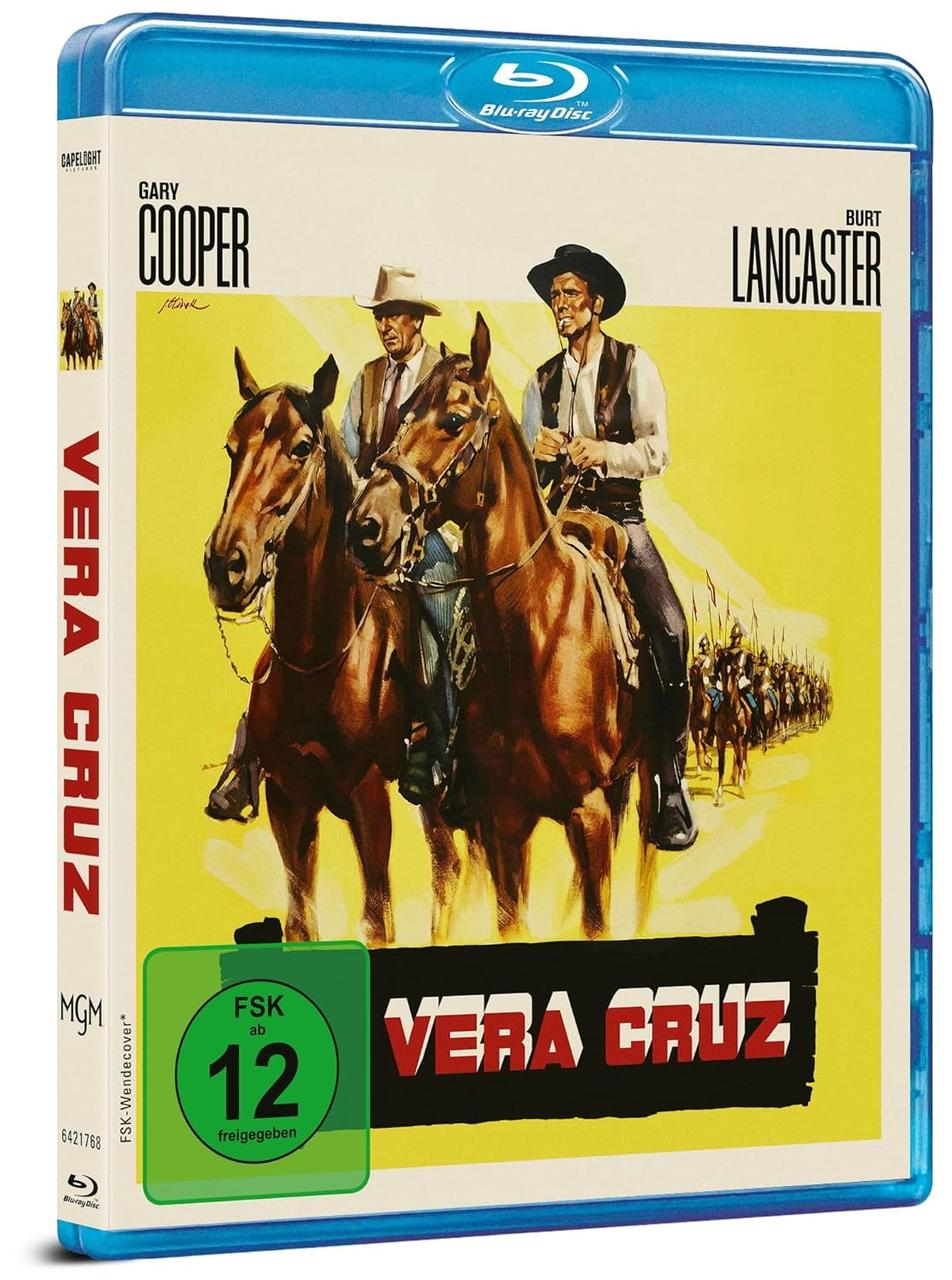 Blu-ray-Cover des Films Vera Cruz. Gary Cooper und Burt Lancaster auf Pferden und eine grüne FSK-Kennzeichnung.