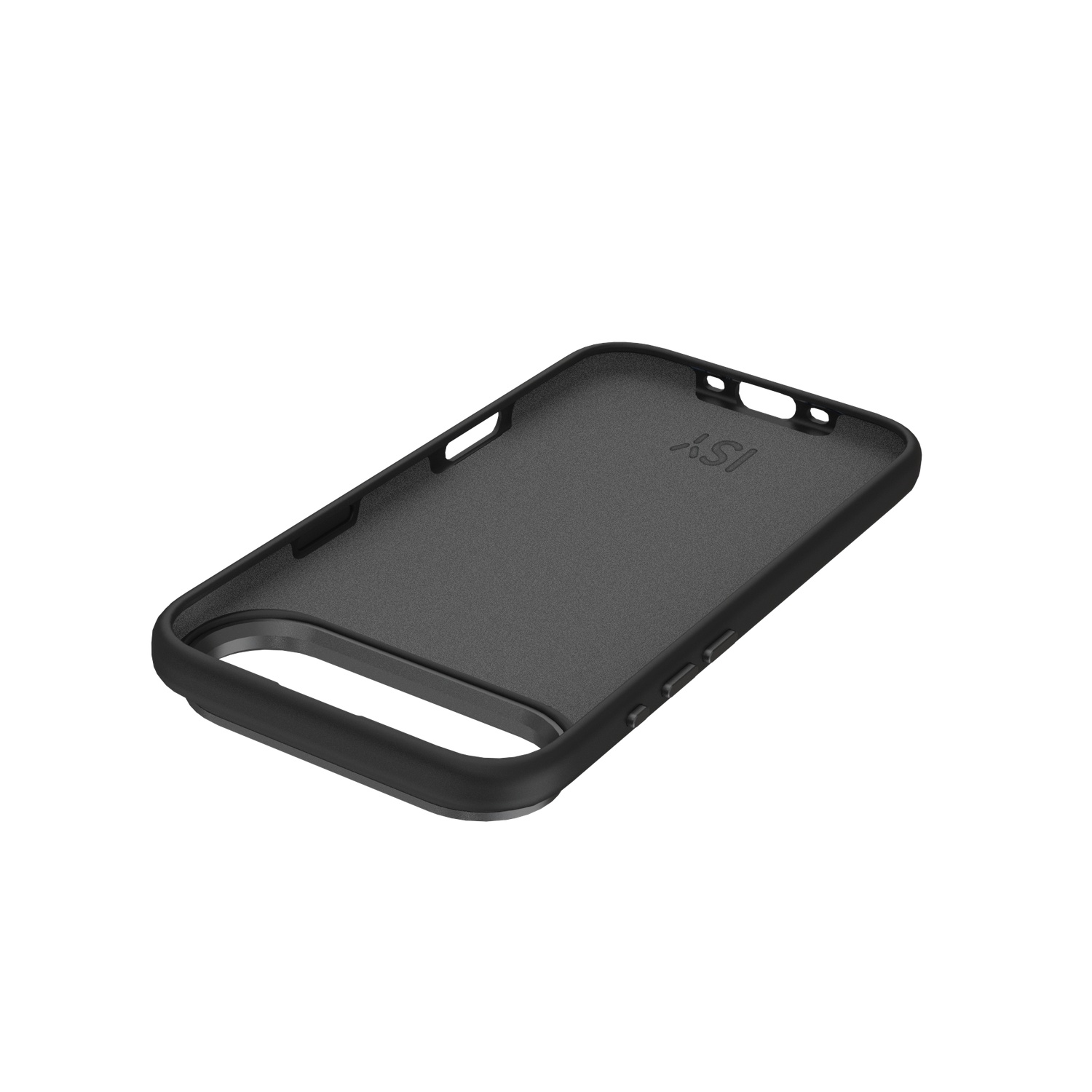 Een zwarte telefoonhoes, interieur zichtbaar, met uitsparingen voor de camera en knoppen. De hoes ligt op een witte achtergrond.