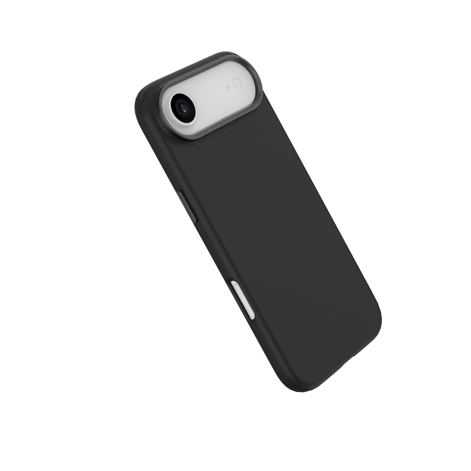 Een zwarte telefoonhoes met een cameramodule en een witte knop aan de zijkant, geïsoleerd op een witte achtergrond.