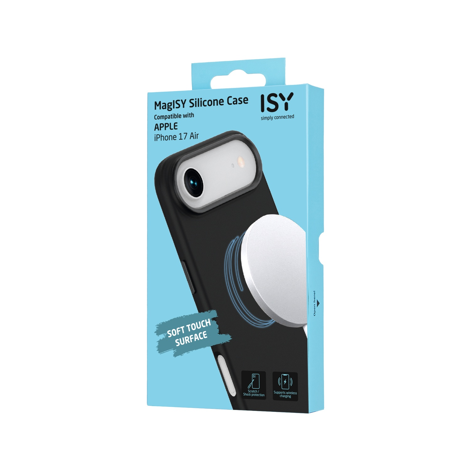 Een telefoonhoesjesdoos met de hoes en een draadloze oplader. Tekst bevat 'MagISY Silicone Case' en 'iPhone 17 Air'.