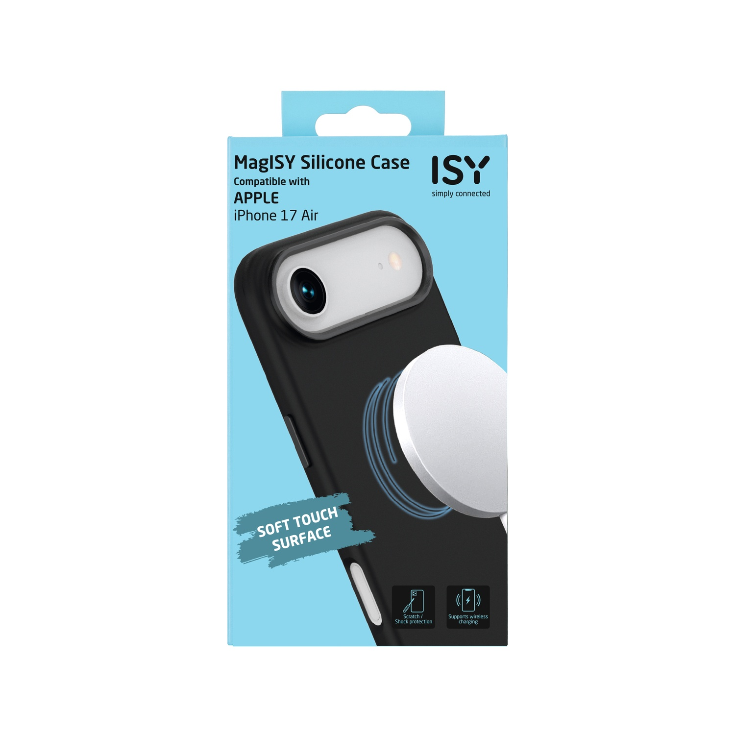 Een zwarte telefoonhoes met een witte achterkant en een MaglSY Silicone Case label. Compatibel met Apple iPhone 17 Air.