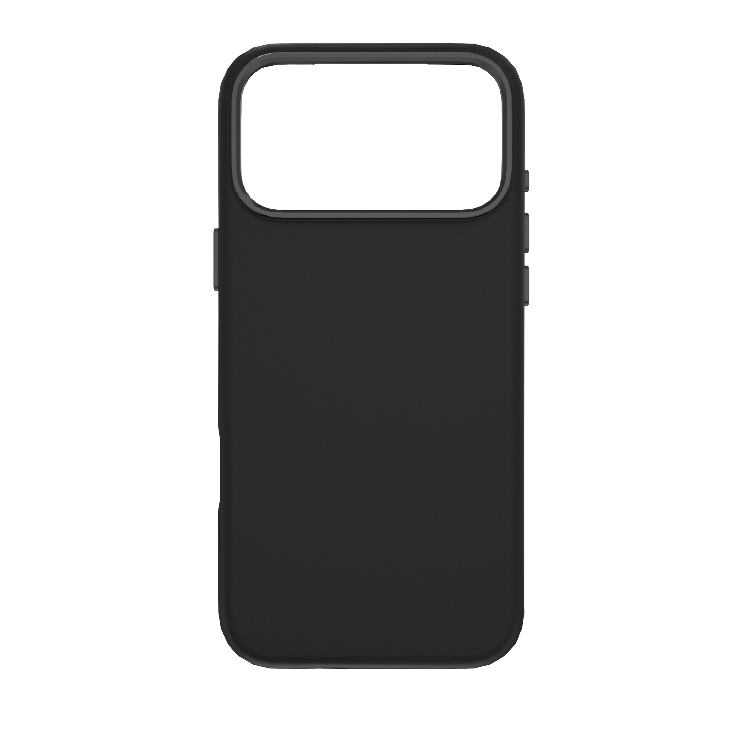 Un étui de téléphone noir avec une découpe pour l'appareil photo et des boutons latéraux est présenté sur fond blanc. L'étui est rectangulaire.