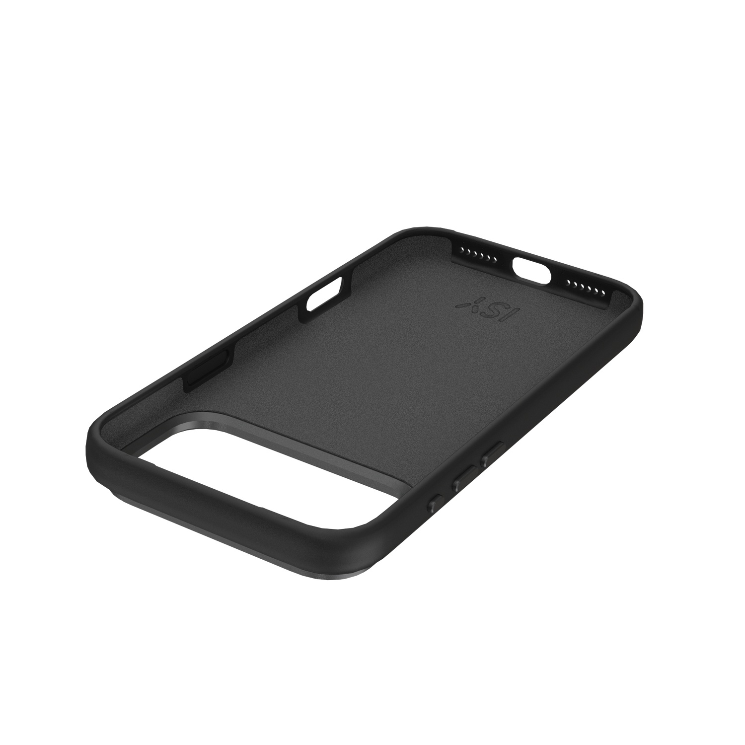 Une coque de téléphone noire, ouverte en bas, avec la marque 'ISY' visible. La coque est sur un fond blanc.