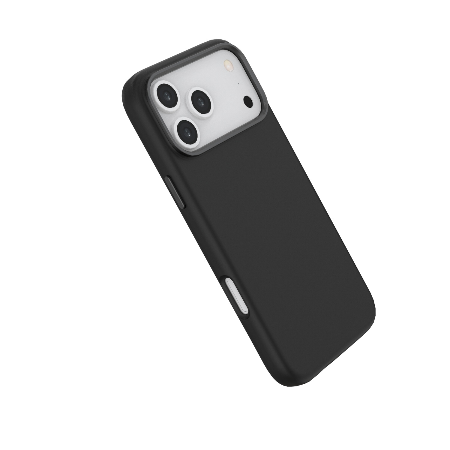 Un étui de téléphone noir avec une section de caméra est incliné. La section de la caméra a trois lentilles et un flash. Fond blanc.
