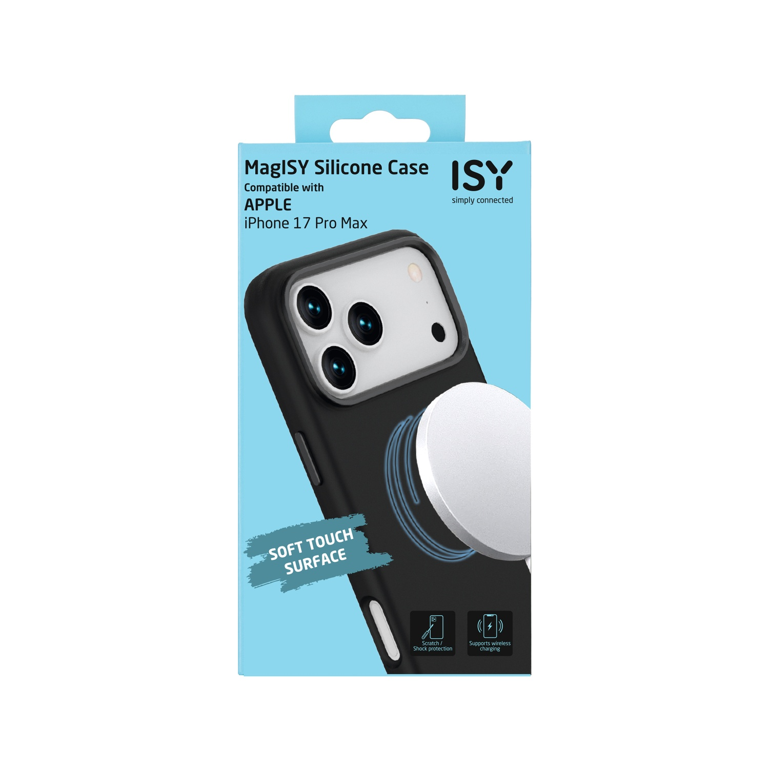 Une coque noire pour iPhone 17 Pro Max, avec un chargeur MagSafe blanc. La coque est sur une boîte bleue avec 'MagISY Silicone Case'.