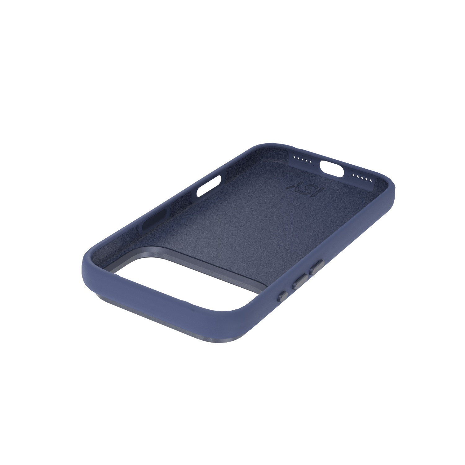 A navy blue phone case is shown, angled slightly upwards. The case has cutouts for buttons and ports, and is empty inside.