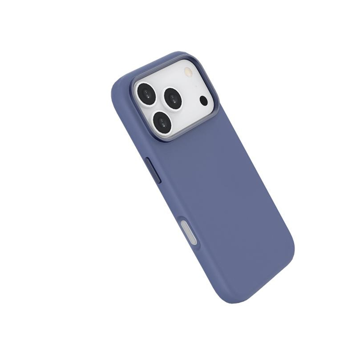 A tilted, blue phone case against a white background. The case has a camera cutout with multiple lenses and buttons on the side.
