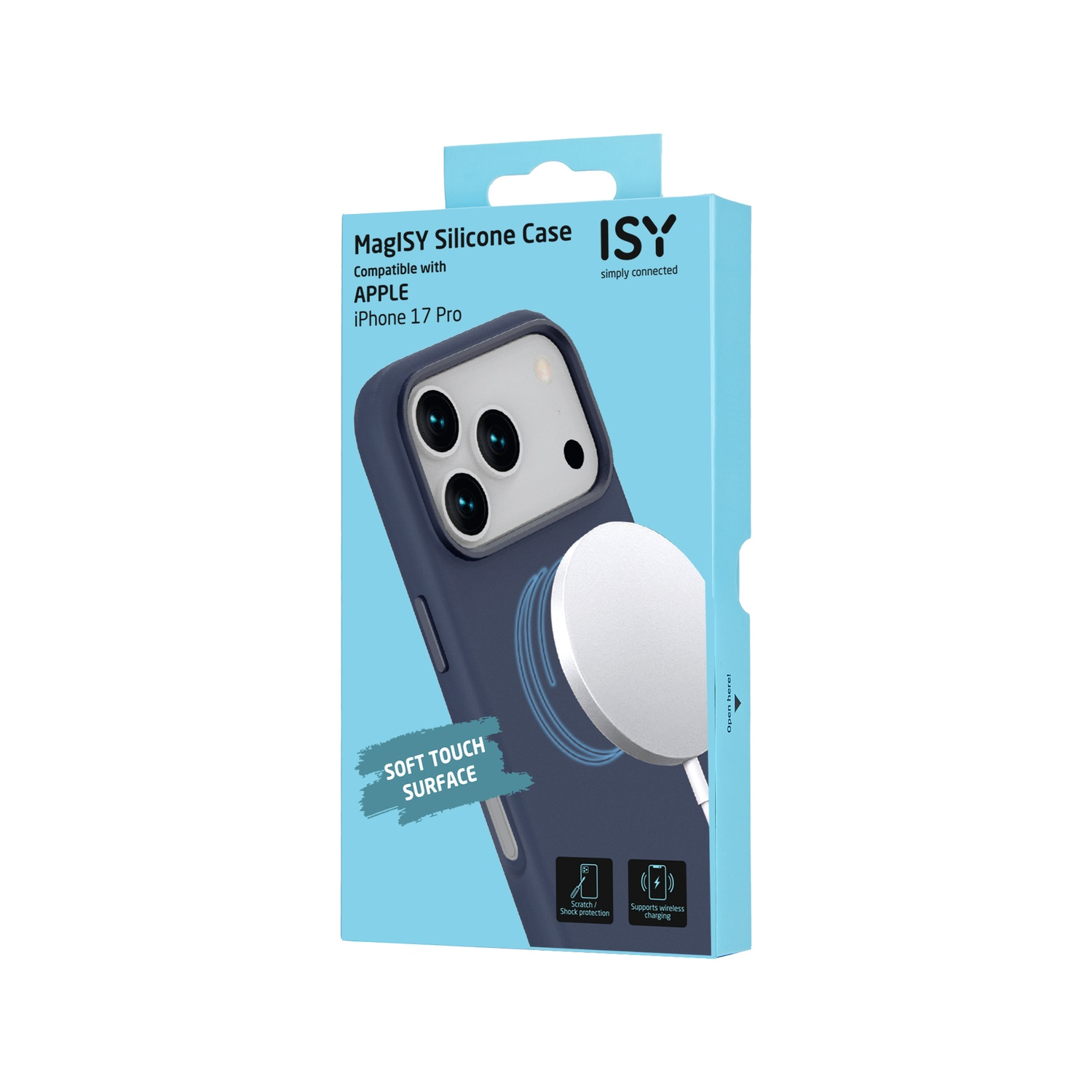A blue iPhone case box with a phone inside, with a white charging circle. Text says MagISY Silicone Case, ISY, and features.