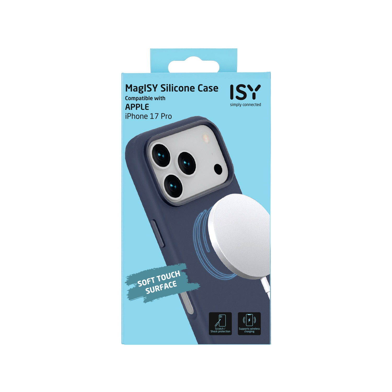 A navy blue phone case with a white charger and a product box. The box has the text 'MagISY Silicone Case' and 'iPhone 17 Pro'.