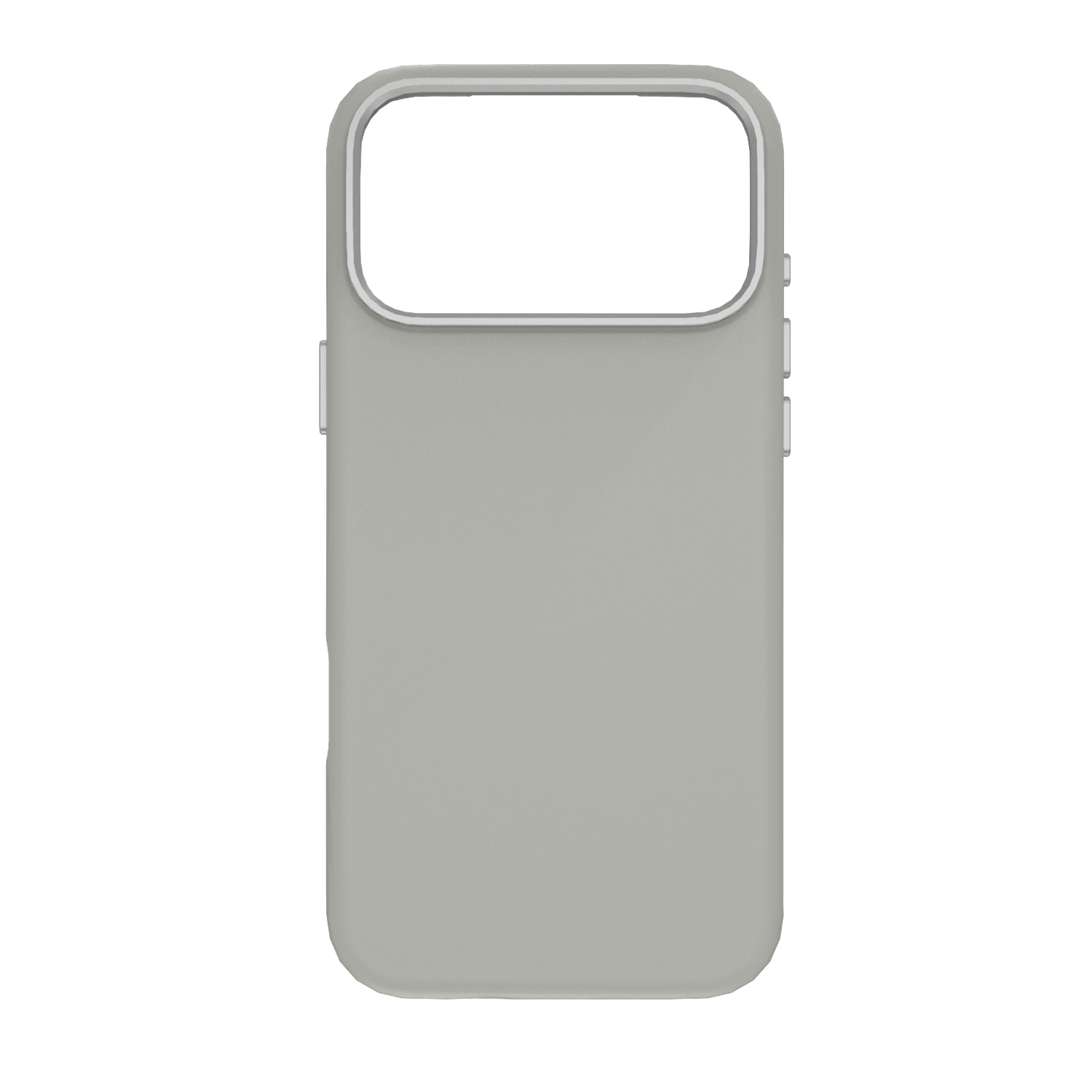 Une coque de téléphone gris clair avec une découpe blanche pour l'appareil photo et des boutons latéraux, sur fond blanc.