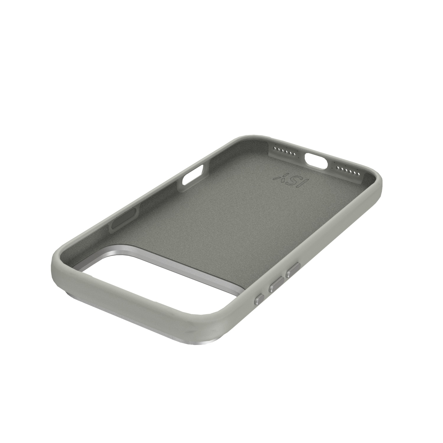 Un étui de téléphone gris, légèrement incliné. Il a un intérieur mat et un extérieur lisse et arrondi. Des boutons et des ouvertures sont visibles.