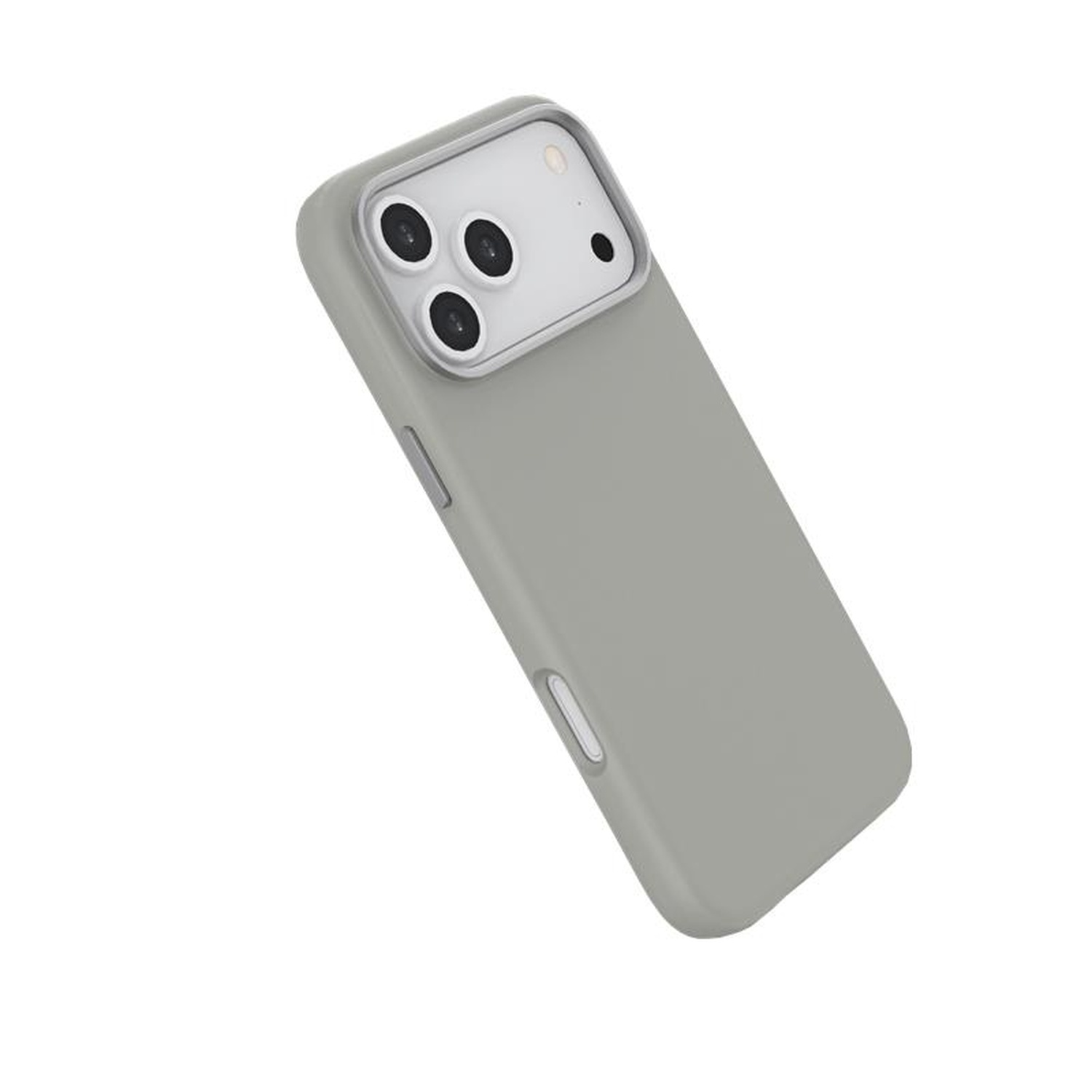 Un étui de téléphone gris clair incliné sur fond blanc. Il présente un module caméra avec trois lentilles et un flash.