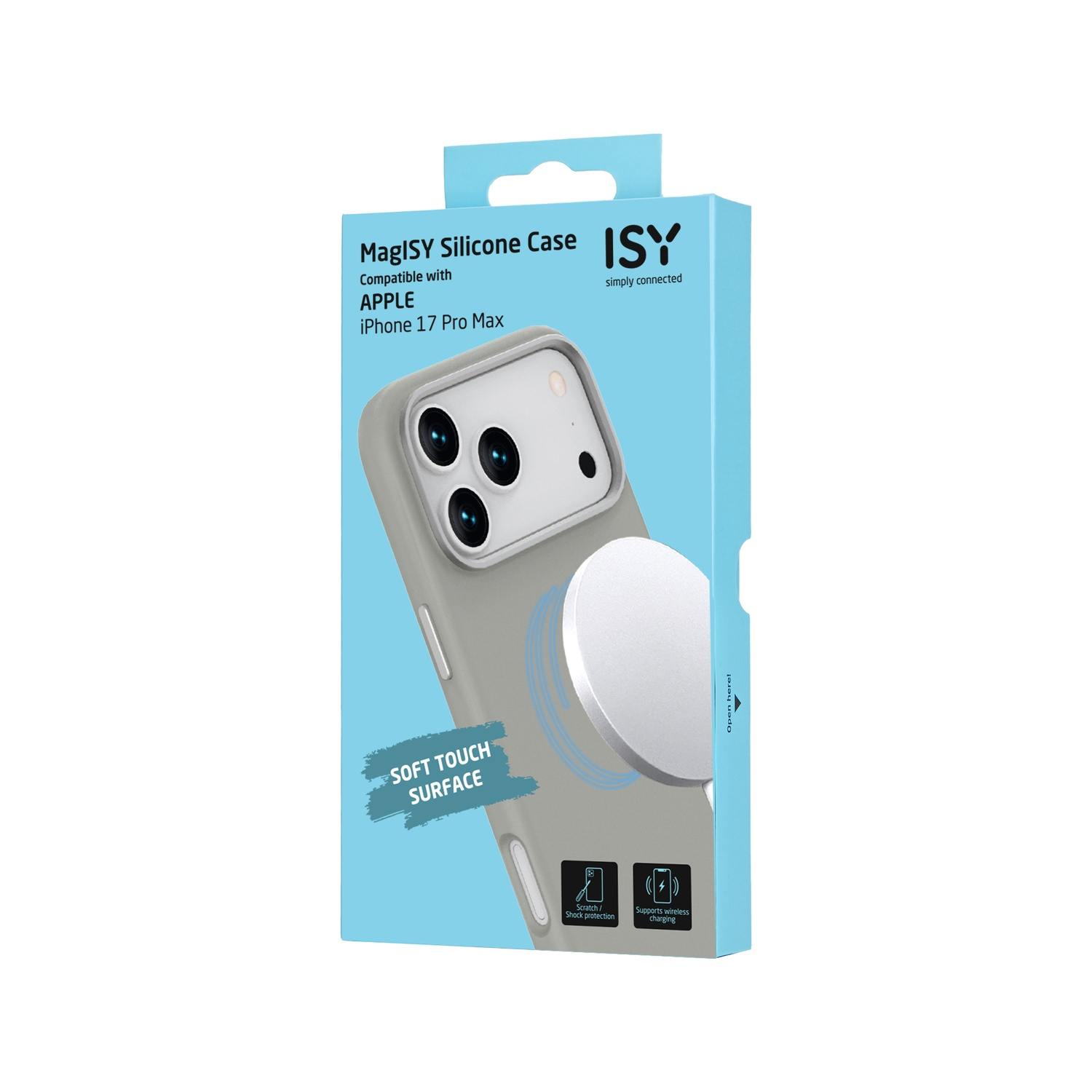 Une boîte de coque de téléphone avec une coque grise à l'intérieur. Elle porte la marque ISY et propose protection contre les chocs et recharge sans fil.