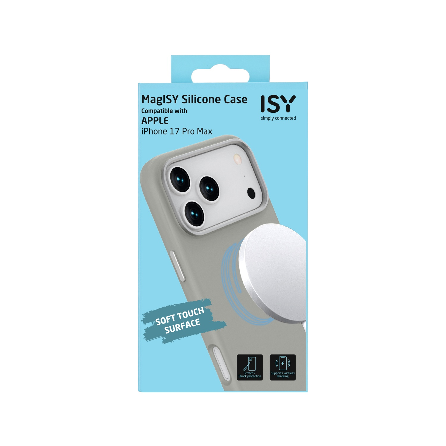 La boîte présente une coque pour iPhone 17 Pro Max. Elle est grise et possède un accessoire blanc circulaire. Le texte indique 'MagISY Silicone Case'.