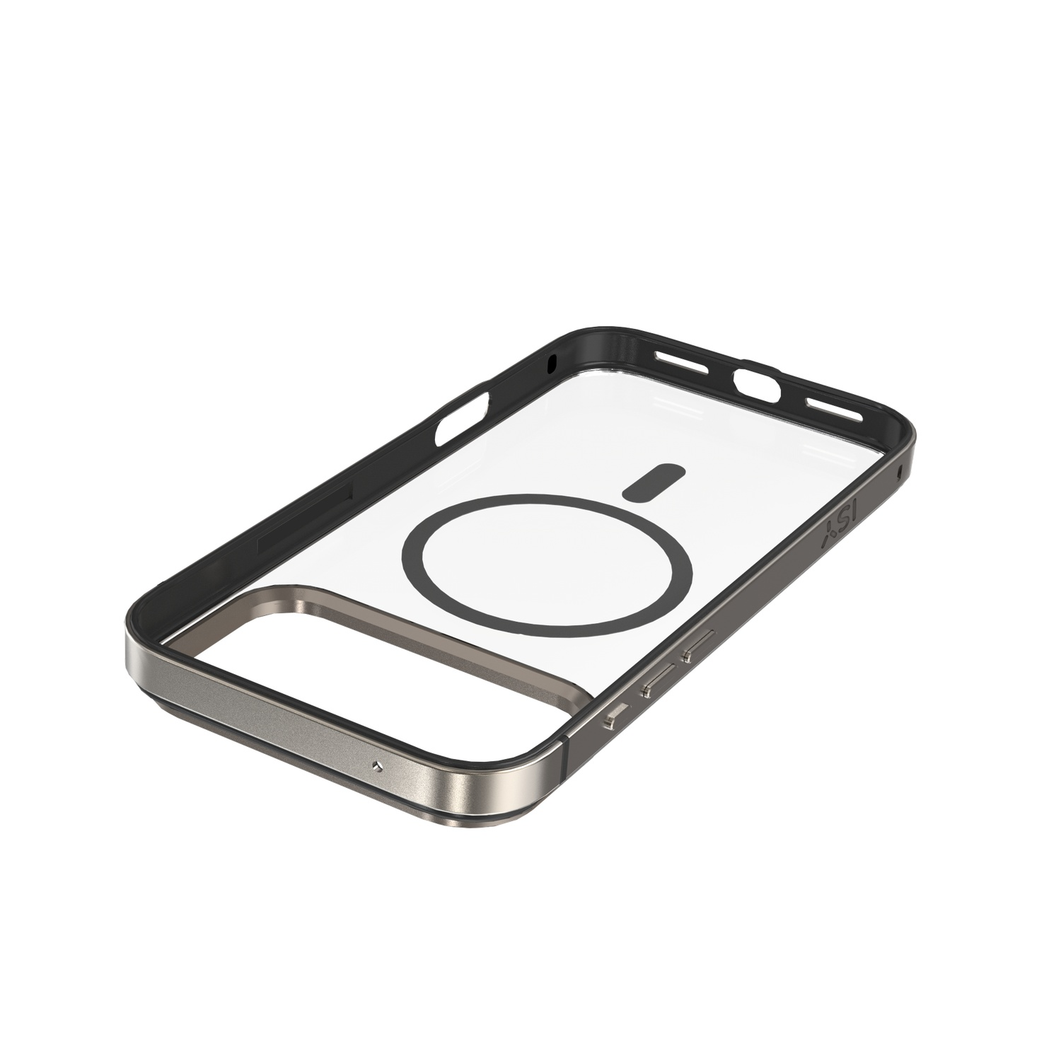 Une coque de téléphone transparente avec un cadre noir. Un design magnétique circulaire est visible au dos. La coque est sur fond blanc.