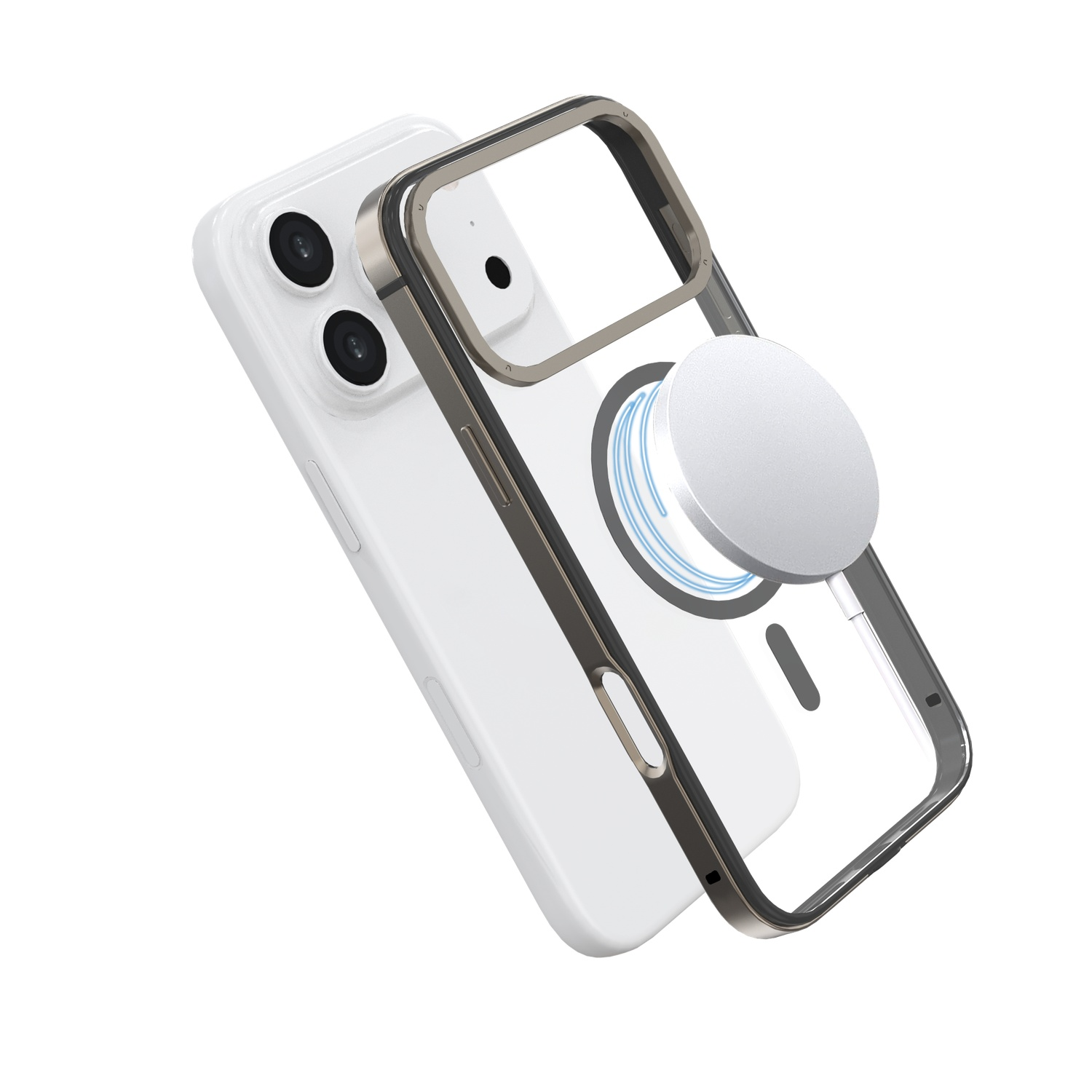 Un iPhone blanc avec une coque transparente et un chargeur magnétique argenté. La coque a un cadre métallique. Le chargeur est fixé à l'arrière.