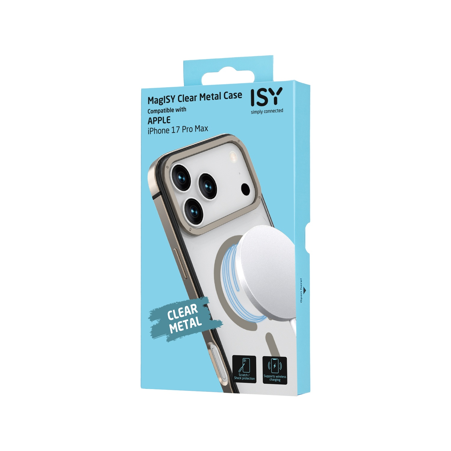 Une boîte de coque de téléphone avec une coque en métal transparent. La boîte est bleue, avec du texte et une image de la coque et d'un chargeur sans fil.