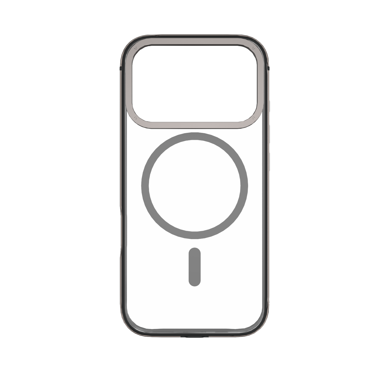 Une coque de téléphone transparente avec un contour gris. À l'intérieur, un cercle gris et un petit rectangle gris.