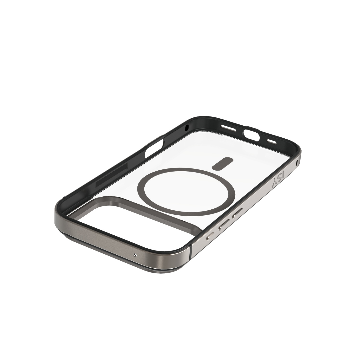 Une coque de téléphone transparente avec un cadre noir et argenté. Elle présente un motif circulaire au centre et la marque 'XSI' sur le côté.