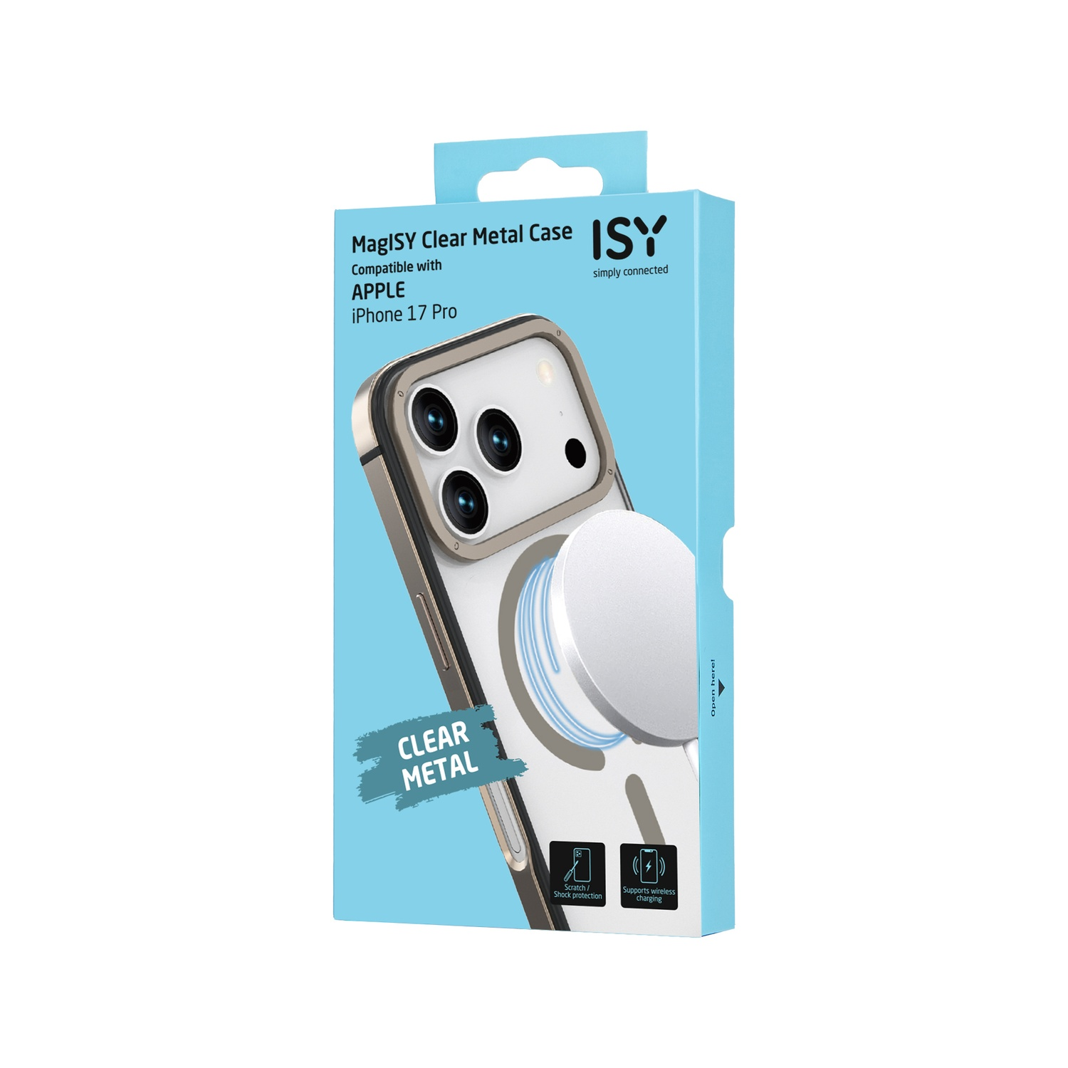Une boîte de coque de téléphone avec une coque en métal transparent pour un iPhone 17 Pro, avec le logo ISY et la marque Clear Metal.