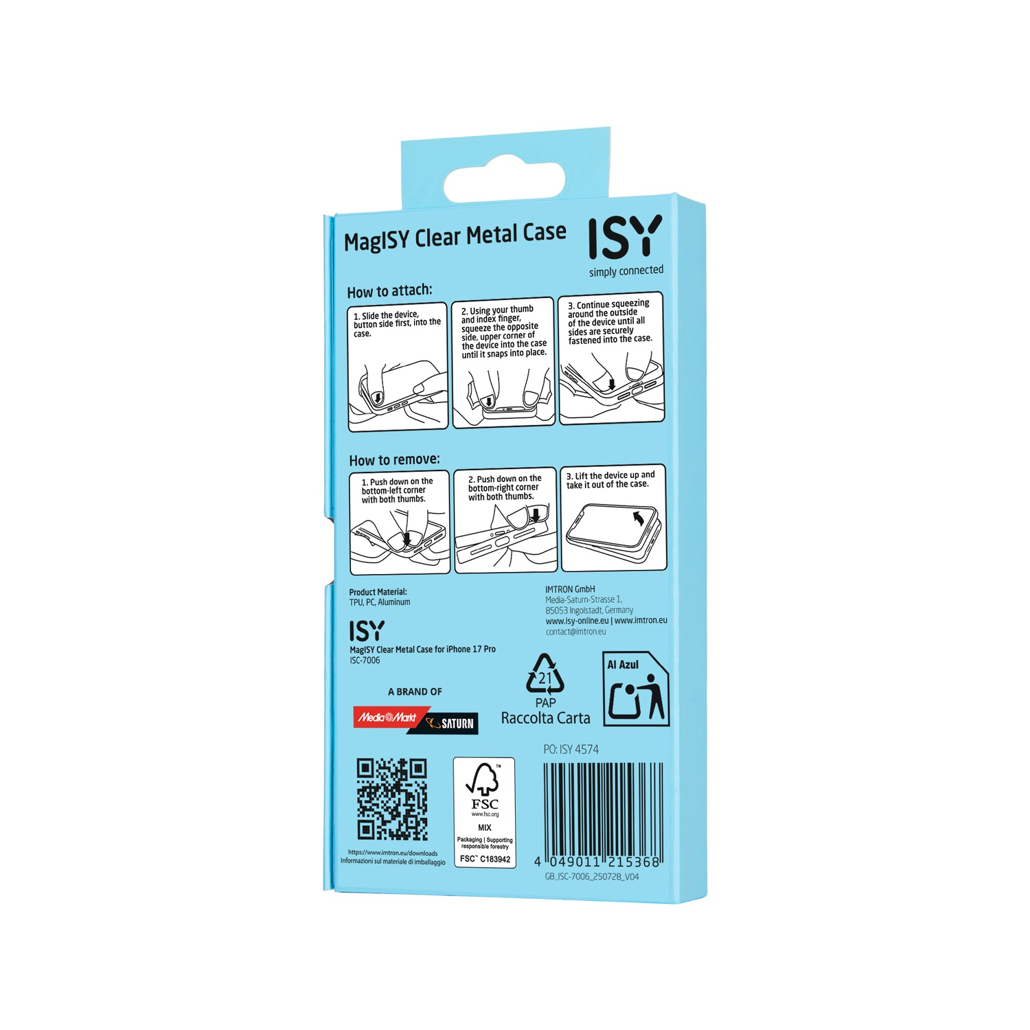 Un emballage de produit pour une coque iPhone. Instructions et marque visibles, avec haut bleu et fond blanc.