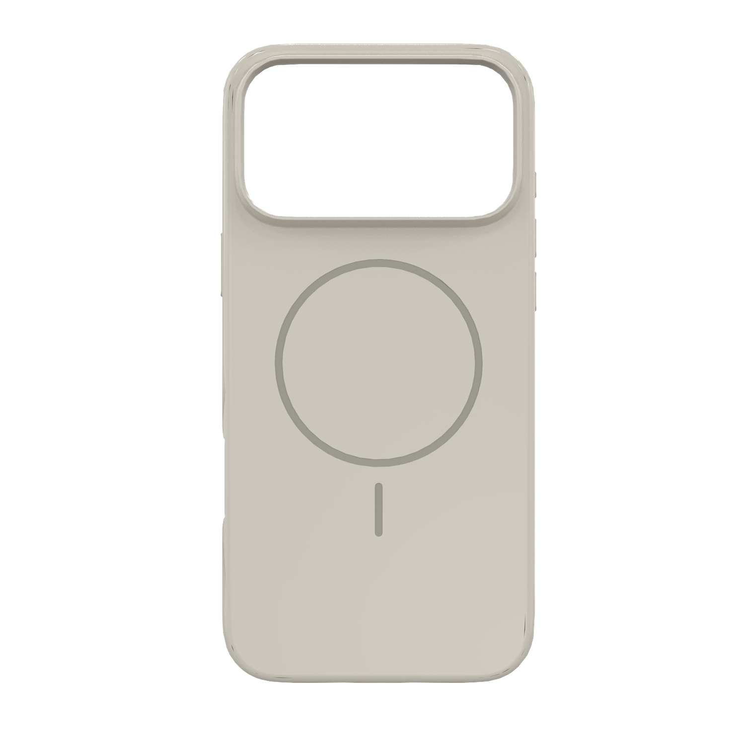 Een lichtbeige telefoonhoesje. Het heeft een uitsparing voor de camera en een cirkelvormig ontwerp op de achterkant met een lijn onderaan.