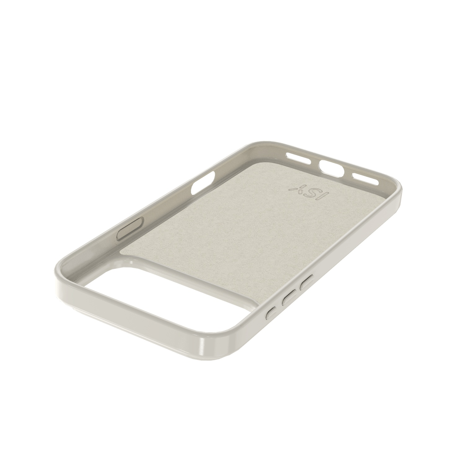 Een gebroken witte telefoonhoes. De binnenkant heeft een textuuroppervlak. De hoes heeft uitsparingen voor knoppen en de camera. De achtergrond is wit.