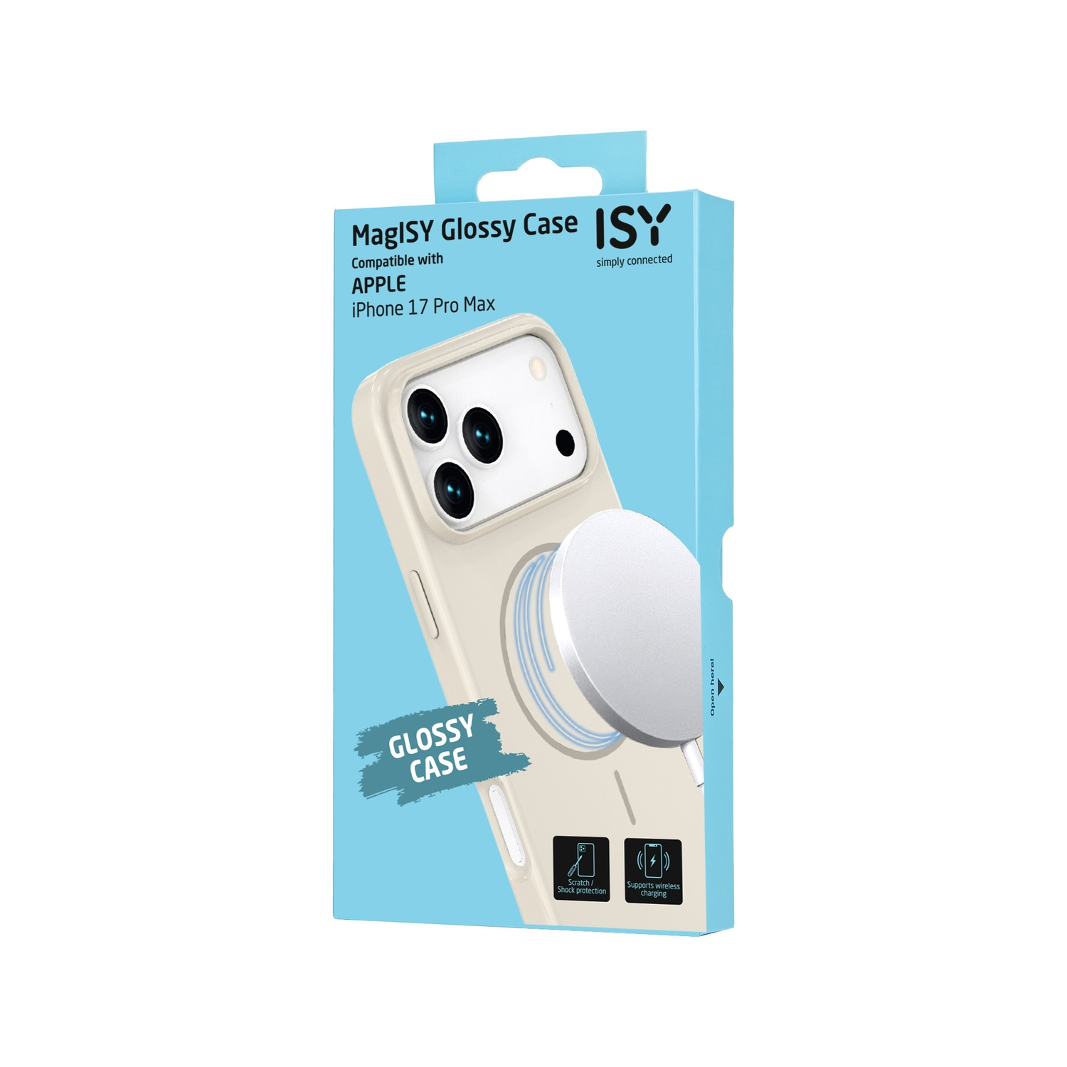 Een telefoonhoesjesdoos, crèmekleurige hoes met een witte cirkel. Tekst zegt 'MagISY Glossy Case' en 'iPhone 17 Pro Max'. Het heeft kras-/schokbescherming.