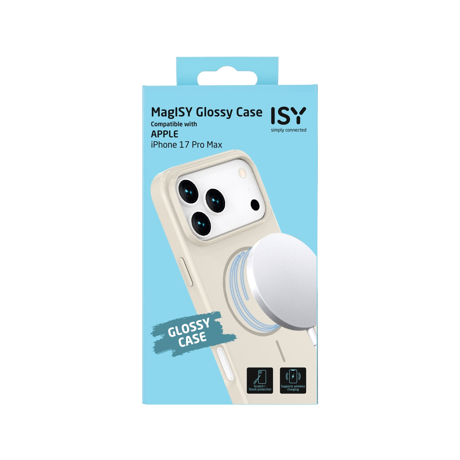Een telefoonhoesje met een magnetische oplader. De hoes is lichtbeige op een blauwe achtergrond. Tekst luidt 'MagISY Glossy Case'.