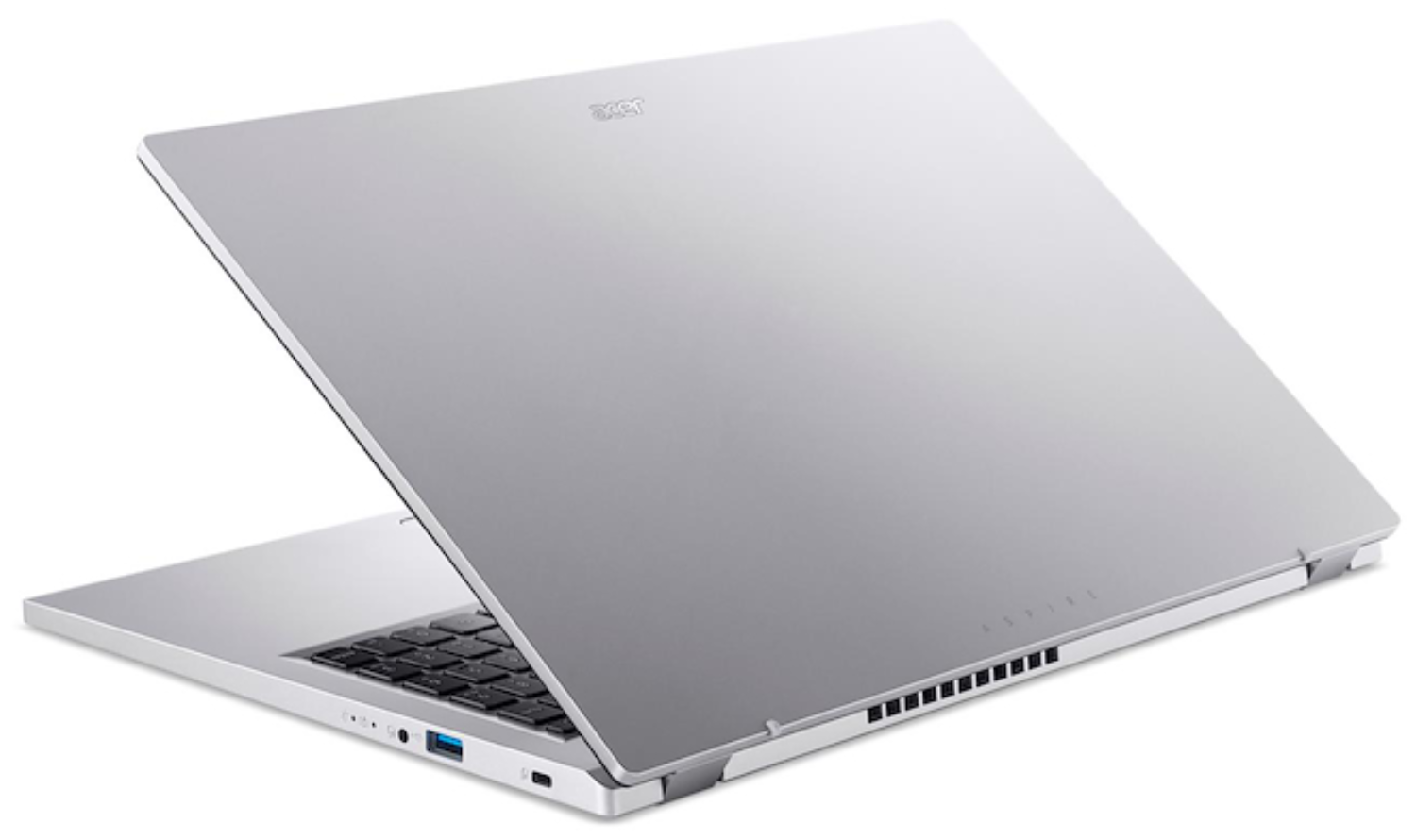 Una computadora portátil Acer plateada está abierta, mostrando el teclado y la pantalla. El logotipo de Acer es visible. El fondo es blanco.