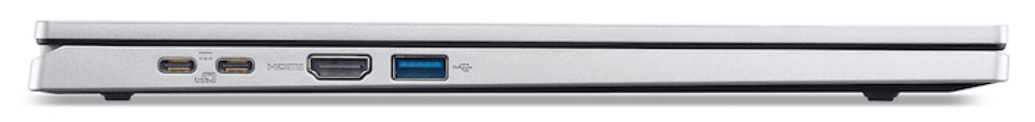 Vista lateral de un portátil plateado que muestra puertos: USB-C, USB, HDMI y USB 3.0. El portátil tiene un diseño elegante y moderno.