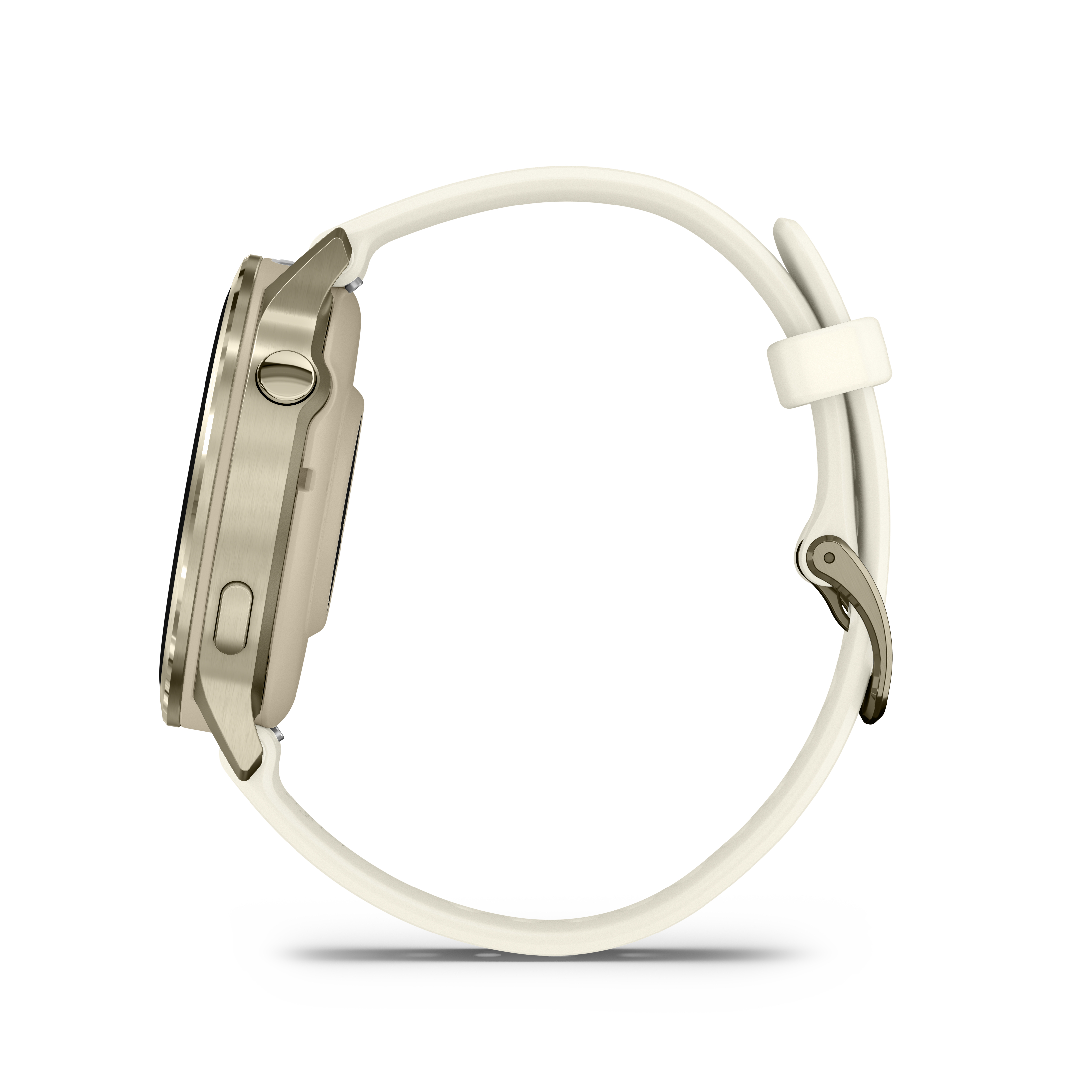 Seitenansicht einer Smartwatch mit cremefarbenem Armband und metallisch-goldfarbenem Zifferblatt, vor weißem Hintergrund.