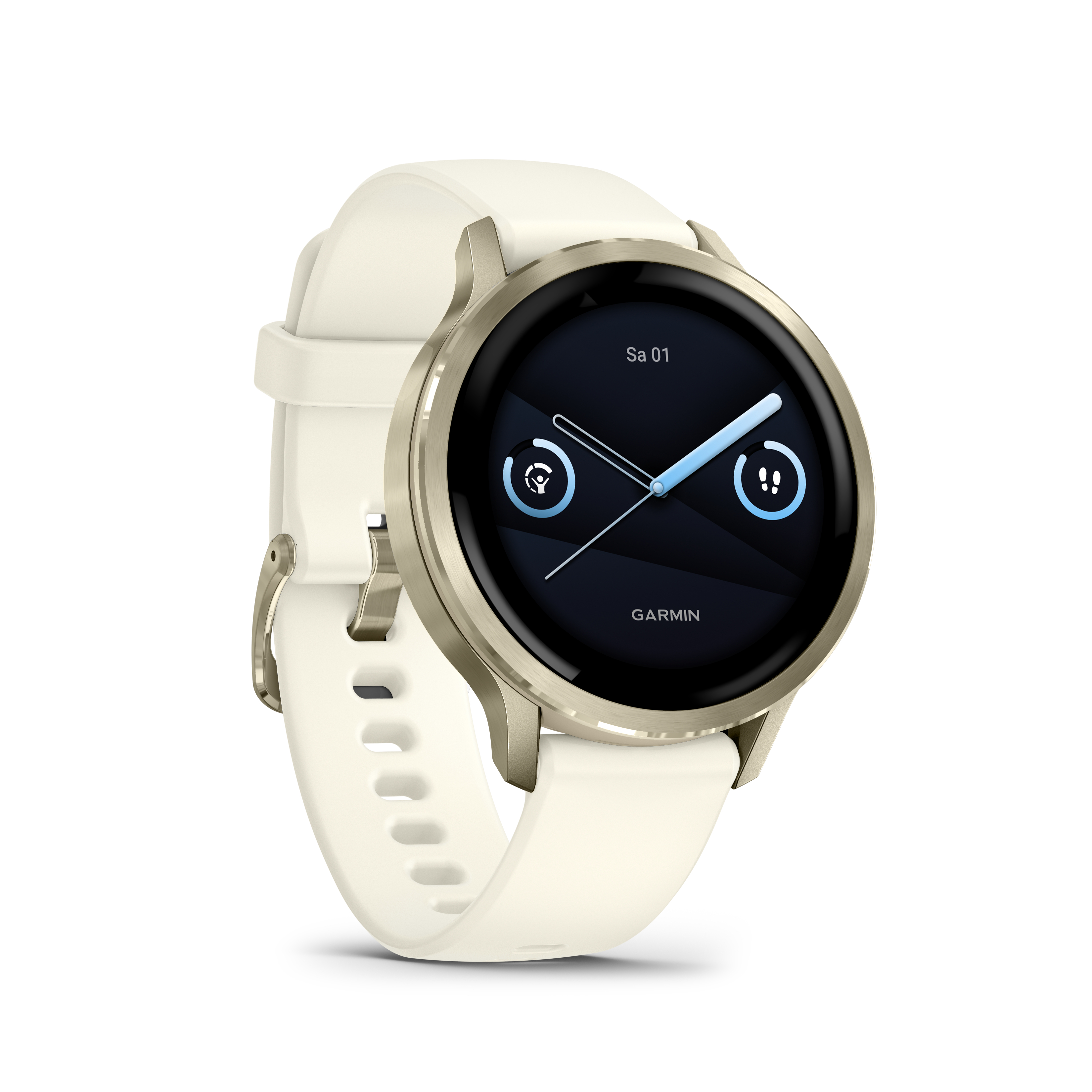 Cremefarbene Garmin-Smartwatch auf weißem Hintergrund. Die Uhr hat ein rundes Zifferblatt mit schwarzem Bildschirm und hellblauen Zeigern.