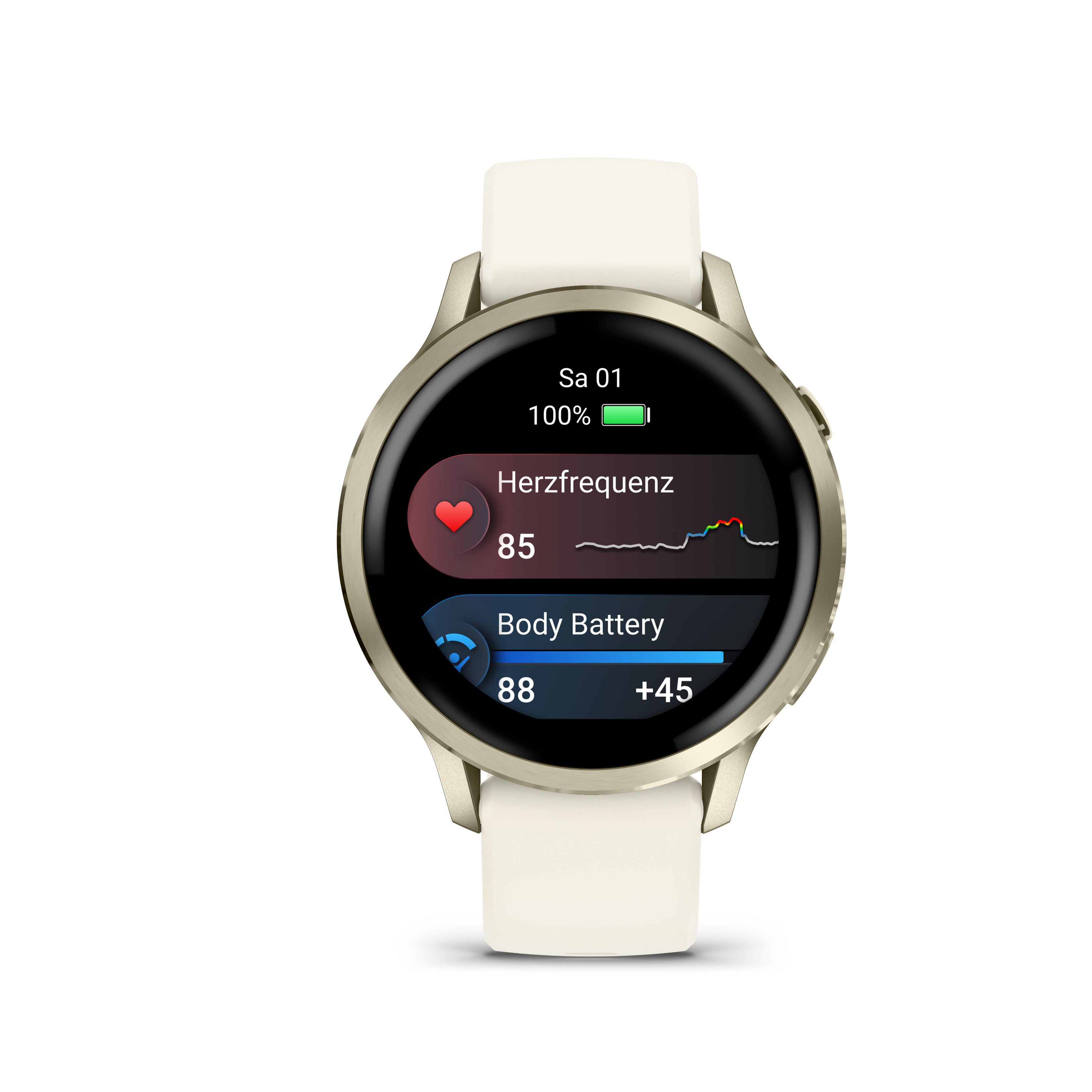 Eine Smartwatch mit cremefarbenem Armband zeigt Herzfrequenz, Körperbatterie und Datum/Uhrzeit an.