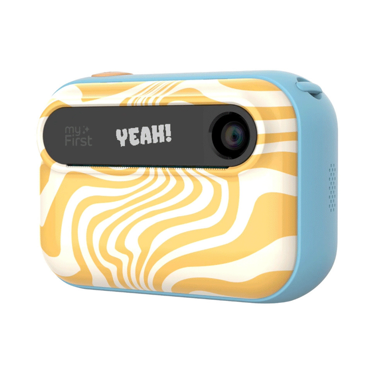 Una fotocamera per bambini con un design a spirale giallo e bianco sul davanti, lati blu e uno schermo che mostra "YEAH!".