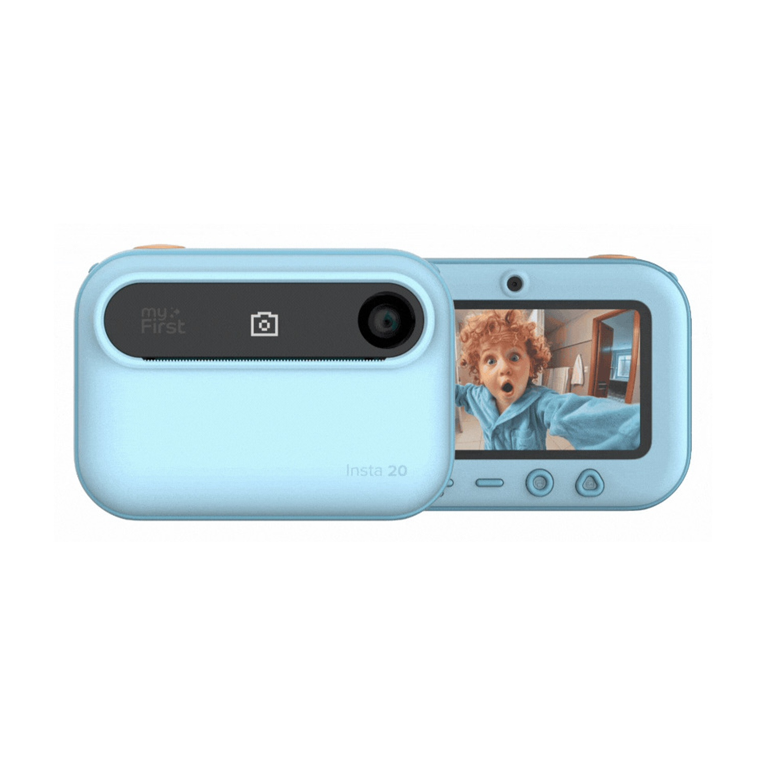 Una fotocamera Insta 20 azzurra mostra un bambino sorpreso sullo schermo. La fotocamera ha pulsanti e un obiettivo.