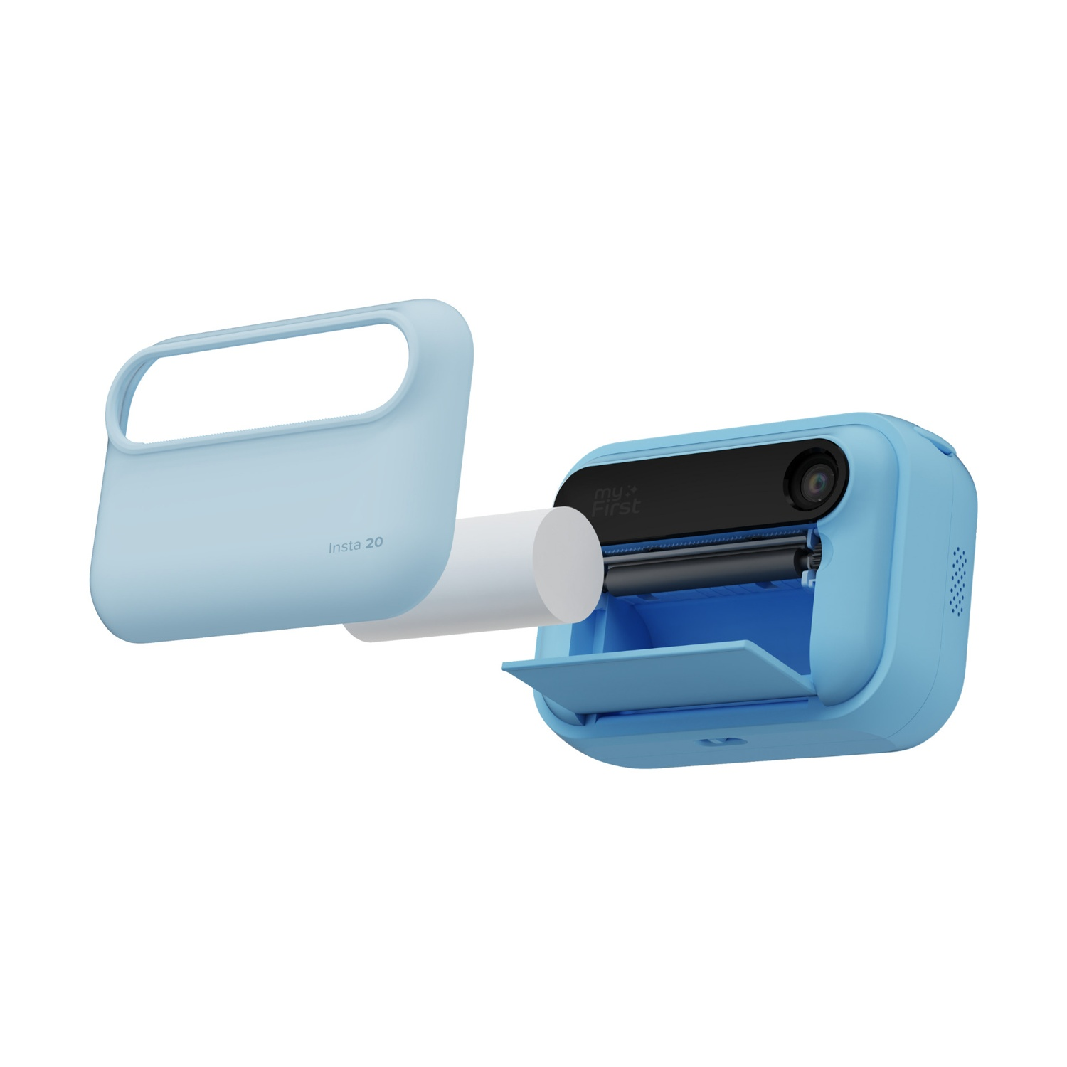 Una fotocamera Insta 20 blu chiaro. Un coperchio blu chiaro è staccato, rivelando un rotolo di carta. La fotocamera ha uno schermo nero e un obiettivo.