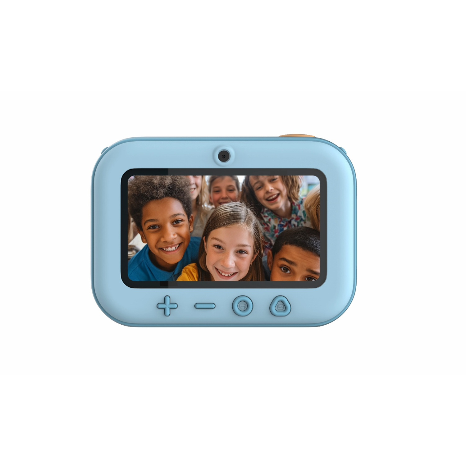 Una fotocamera blu che mostra un gruppo di bambini sorridenti. La fotocamera ha pulsanti e una piccola lente.