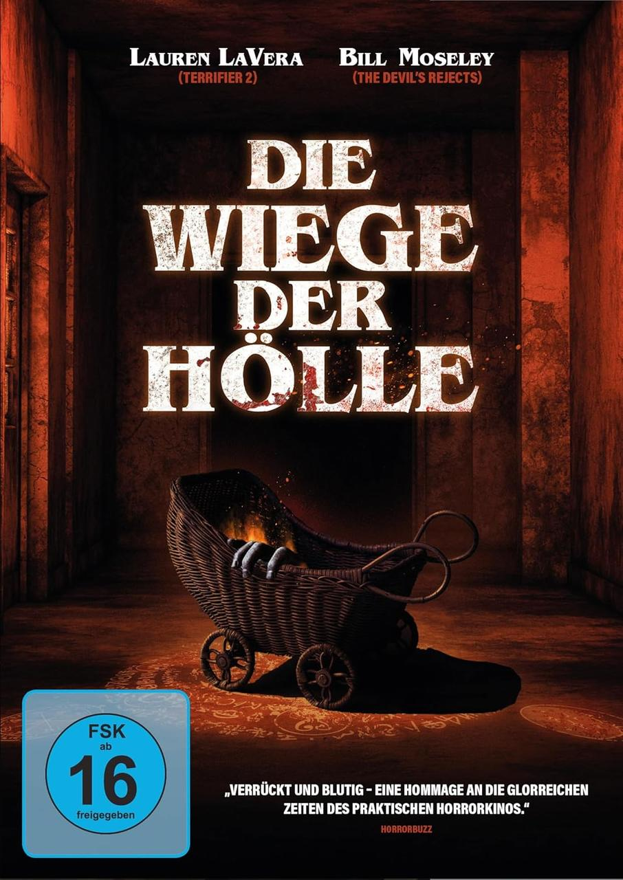 Ein Horrorfilmplakat mit dem Text "DIE WIEGE DER HÖLLE", einem Kinderwagen und der Bewertung "FSK ab 16".