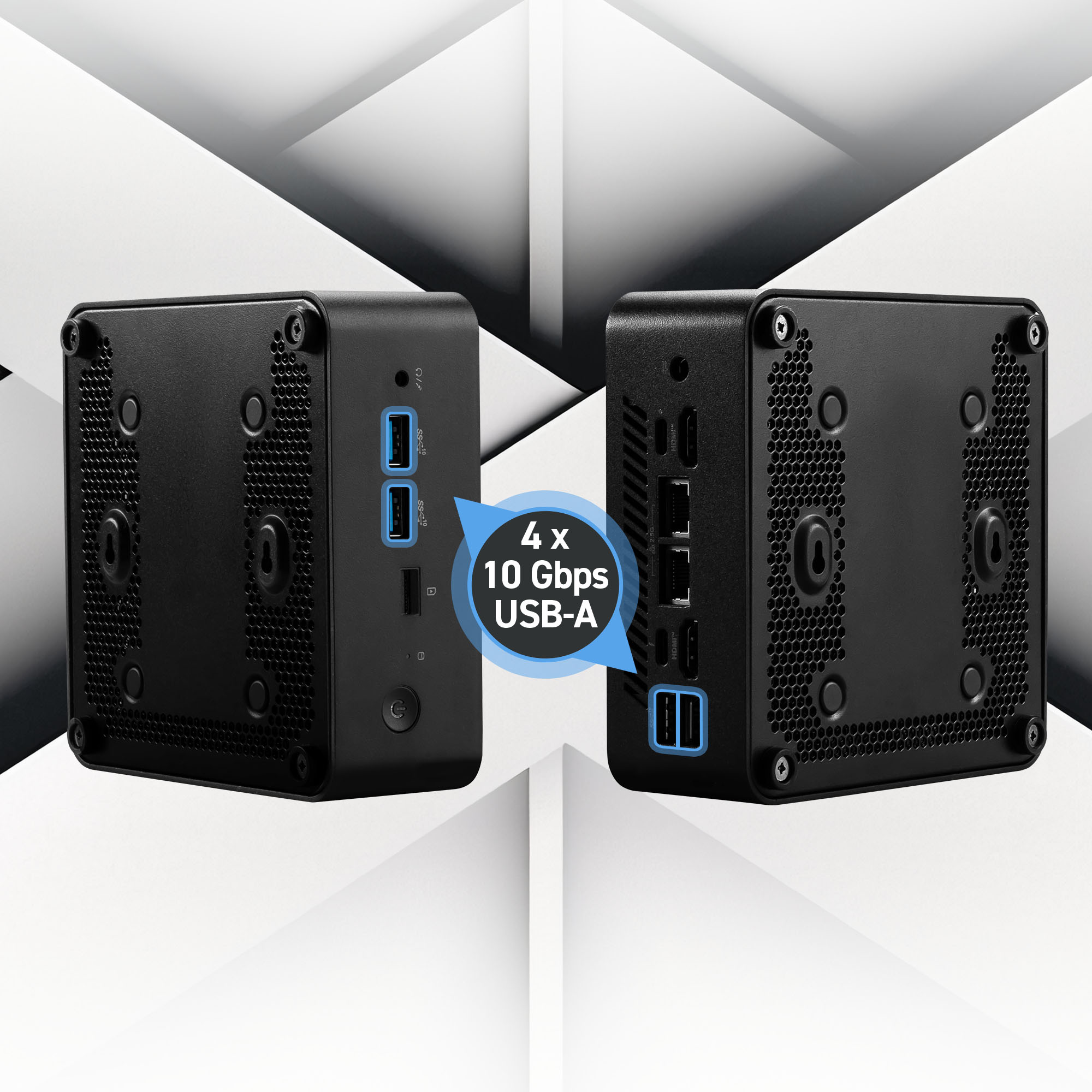 Zwei schwarze Mini-Computer mit USB-Anschlüssen, mit einem Diagramm, das 4x 10 Gbit/s USB-A-Anschlüsse anzeigt. Der Hintergrund ist weiß.