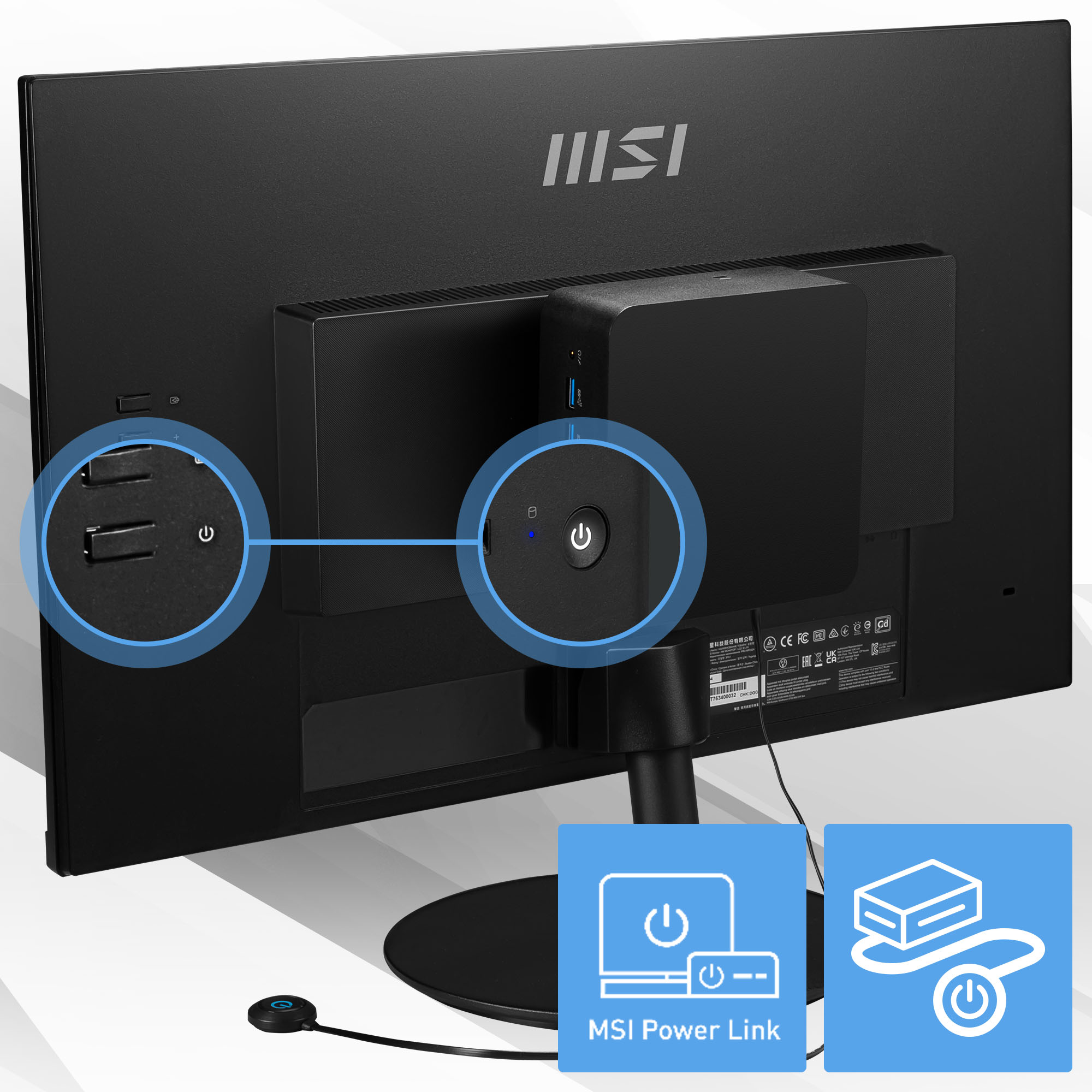 Rückseite eines schwarzen Monitors mit Ein/Aus-Taste, Anschlüssen und einem schwarzen Mini-PC. MSI-Logo sichtbar.
