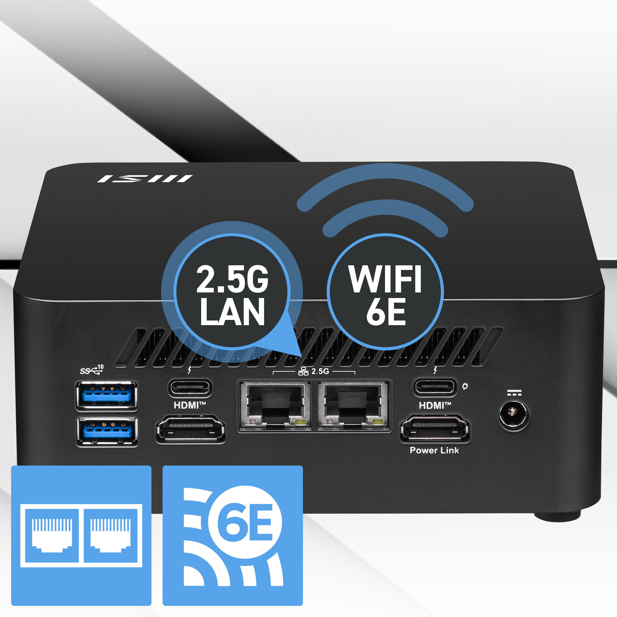 Schwarzer Mini-PC mit Anschlüssen, WiFi 6E und 2.5G LAN. Blaue Symbole zeigen Konnektivität. Weißes MSI-Logo oben.