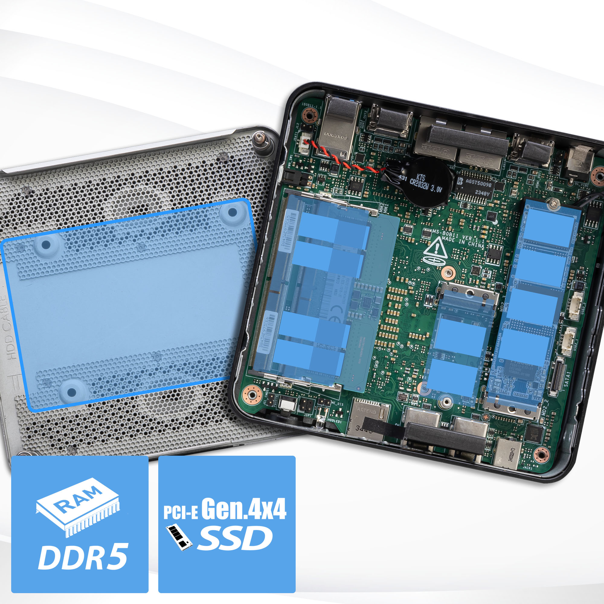 Ein geöffneter Computer mit hervorgehobenen RAM- und SSD-Komponenten. Enthält blaue Kästen über den Komponenten und Beschriftungen wie DDR5 und PCI-E Gen.4x4 SSD.
