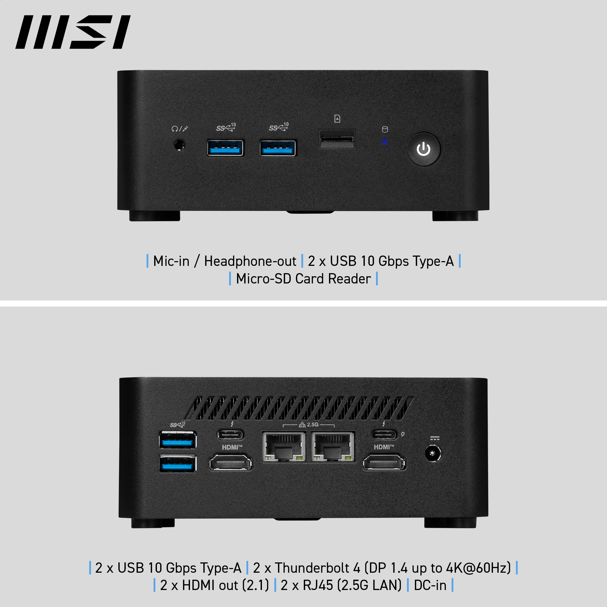 Ein schwarzer Mini-PC mit Anschlüssen vorne und hinten, einschließlich USB, HDMI und Audio. Das MSI-Logo ist sichtbar.