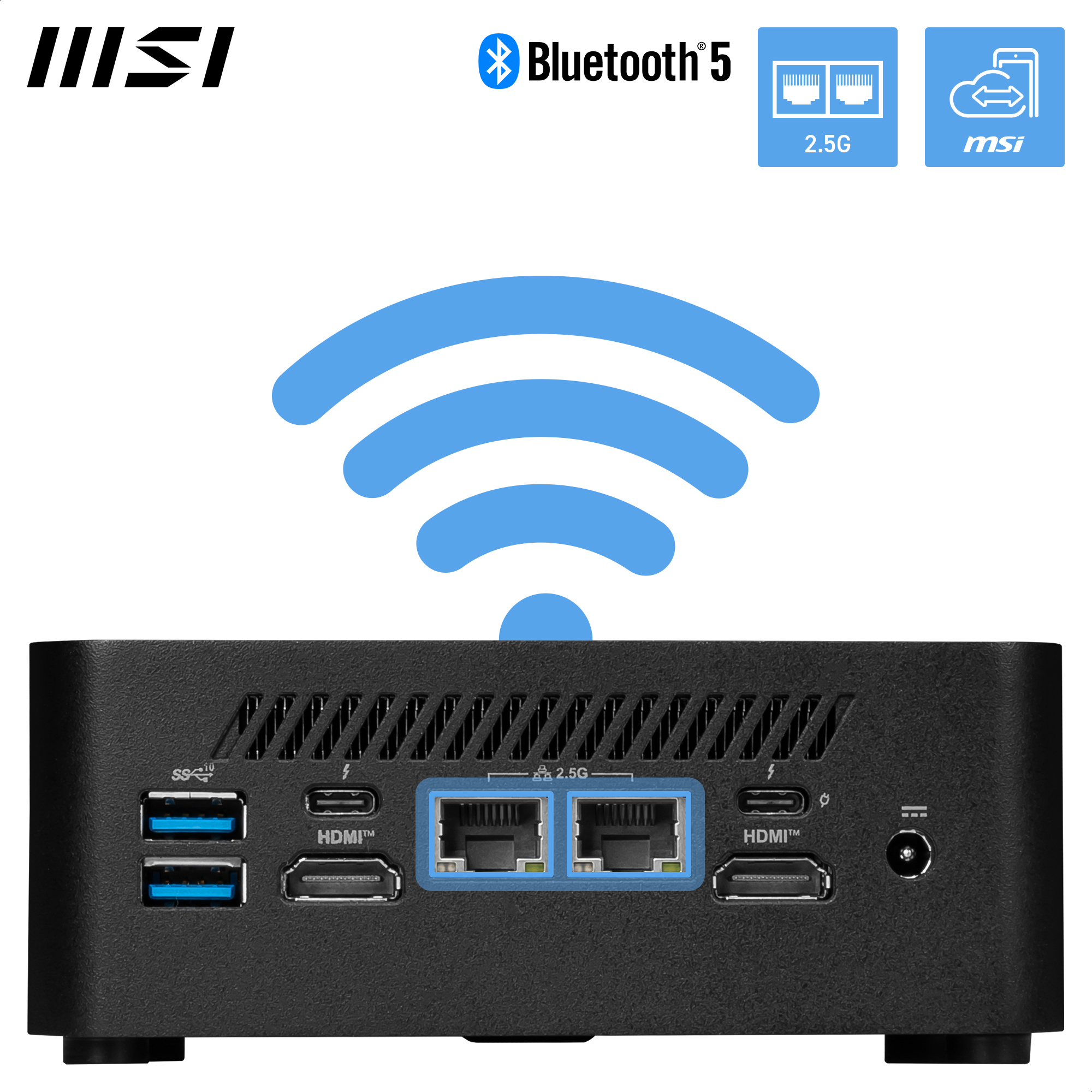Schwarzer Computer mit Anschlüssen. Enthält HDMI-, USB- und Ethernet-Anschlüsse. Blaues WLAN-Symbol oben.
