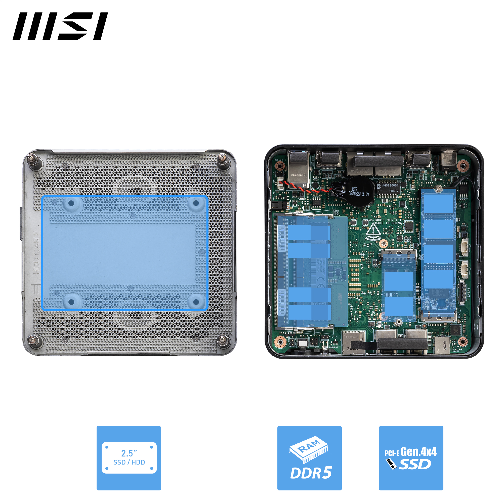 Das Bild zeigt einen MSI-Mini-PC mit internen Komponenten, darunter RAM, SSD und HDD-Steckplätze, sowie ein Diagramm mit Funktionssymbolen.