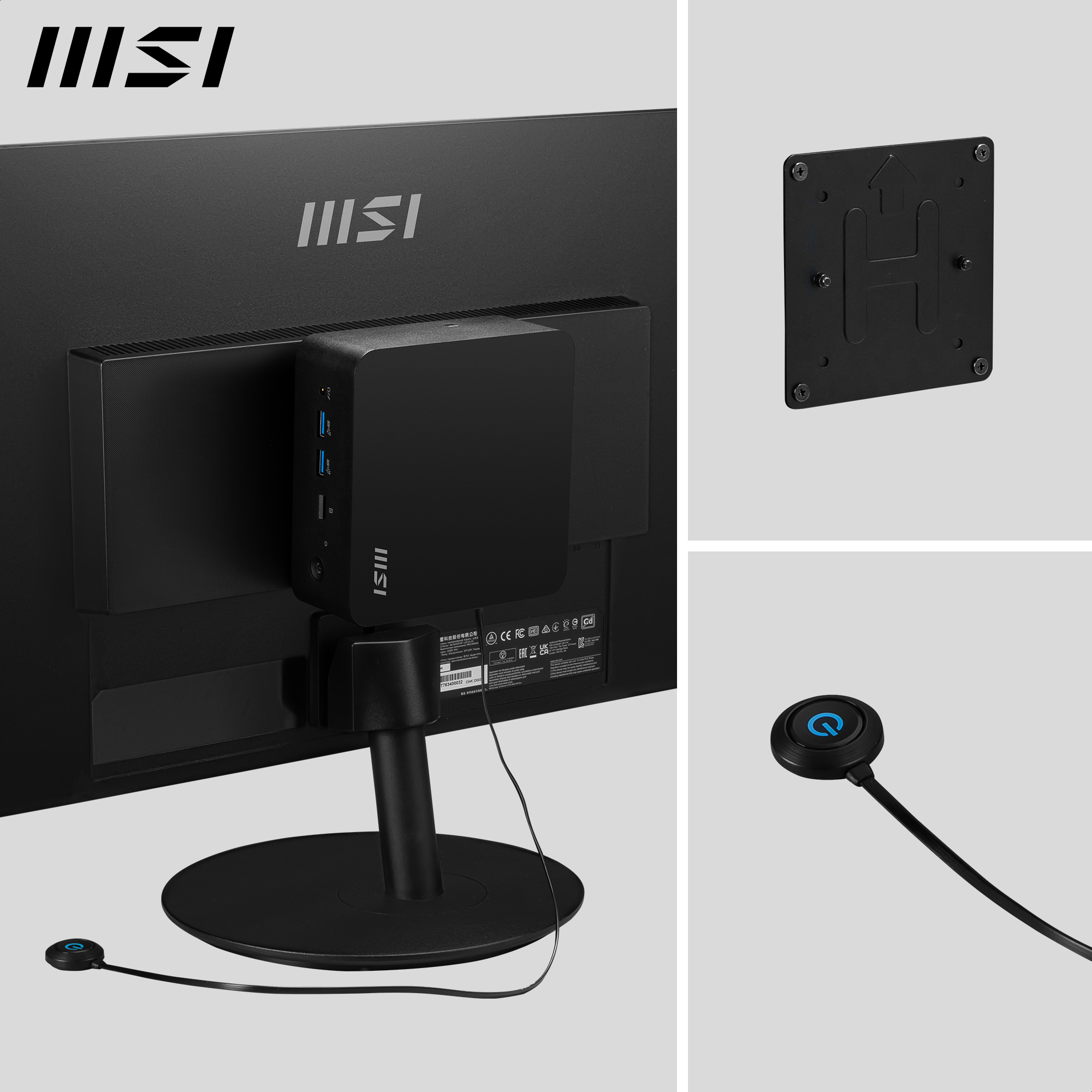 Ein schwarzer Computermonitor mit einem schwarzen Mini-PC. Unten rechts befindet sich ein Ein-/Ausschalter. Weitere Komponenten sind ebenfalls sichtbar.