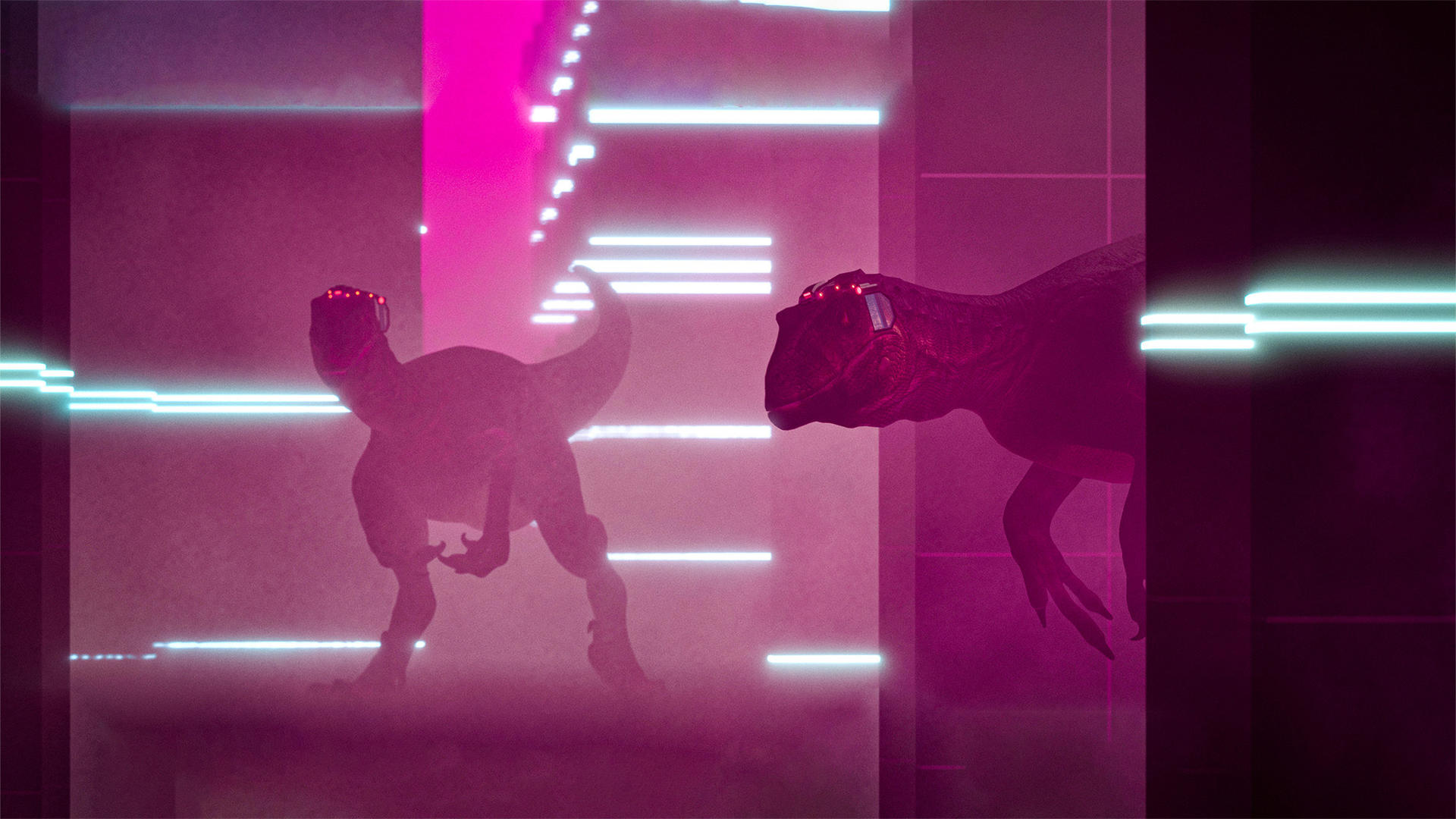 Zwei Dinosaurier mit roten Lichtern auf dem Kopf stehen in einem Raum mit Neonlichtern.