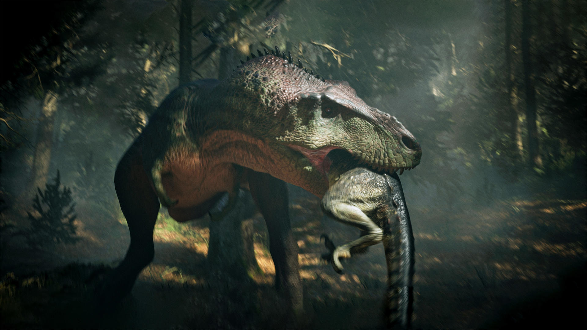 Ein T-Rex-Dinosaurier im Wald hält einen kleineren Dinosaurier im Maul.